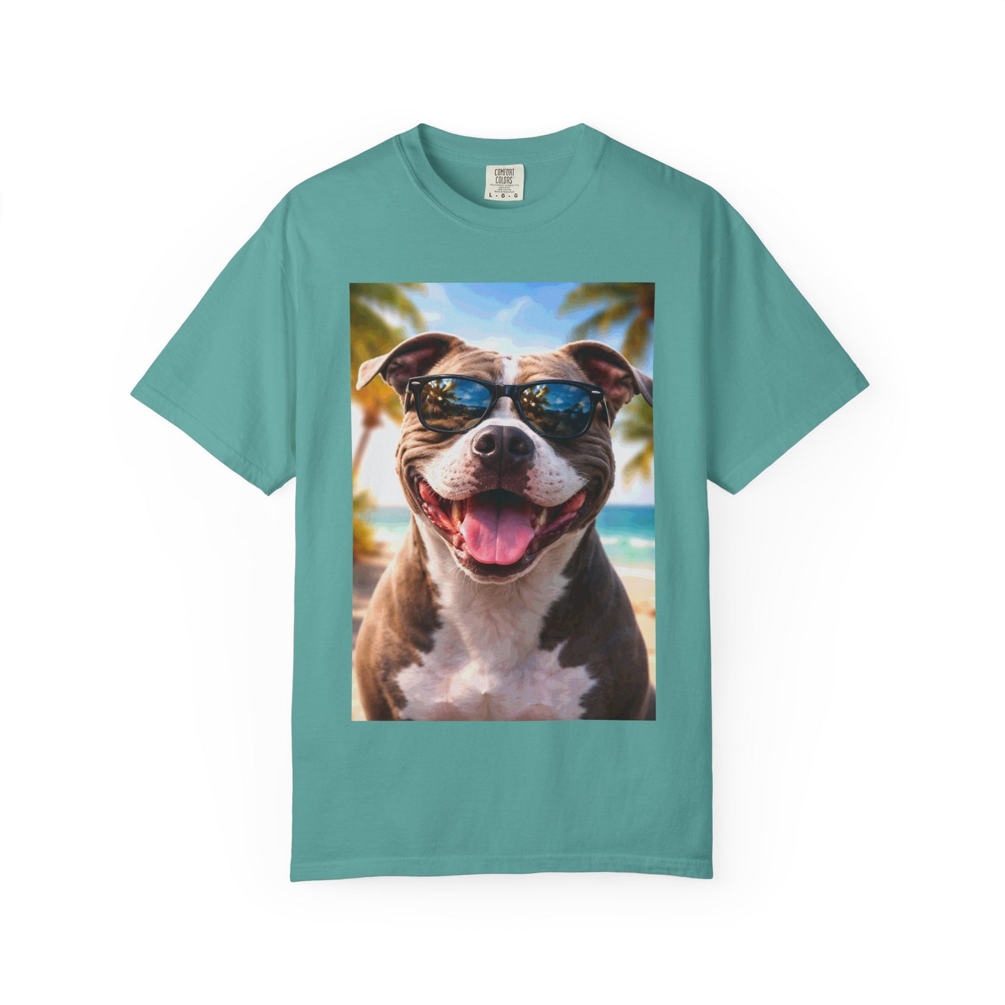 Happy Dog in Sunglasses T-Shirt — Summer Beach Pitbull Graphic Tee