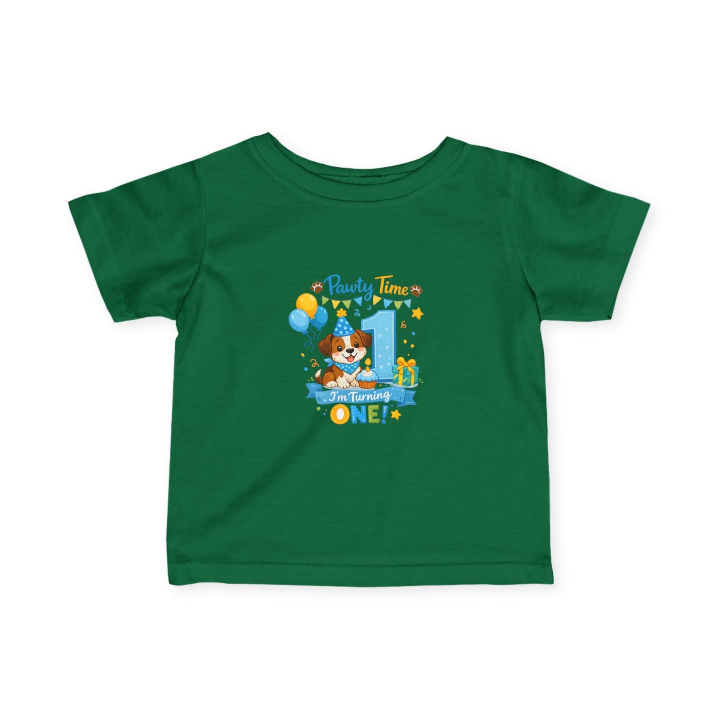 1st Birthday Infant Tee — "Party Time! Turning One" Cute Puppy Balloon Design