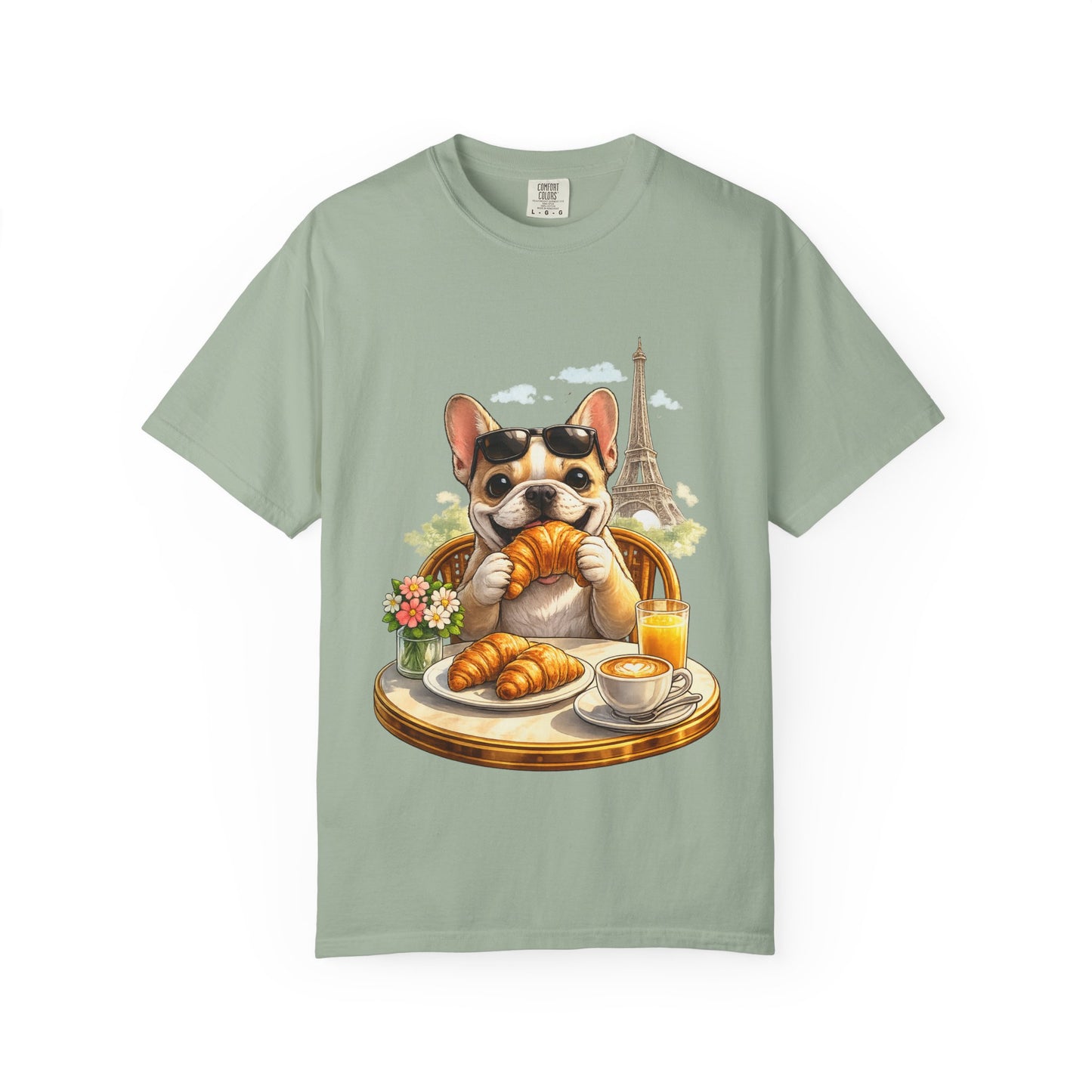 French Bulldog Breakfast T-Shirt — Croissant Café Tee with Eiffel Tower