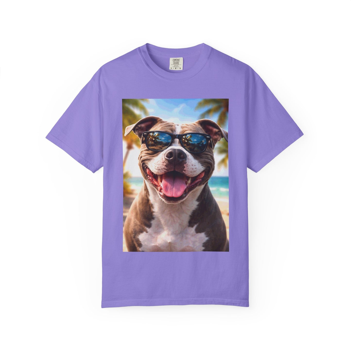 Happy Dog in Sunglasses T-Shirt — Summer Beach Pitbull Graphic Tee