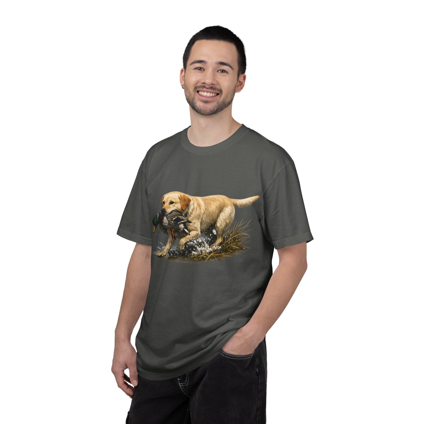 Labrador Retriever Hunting Dog T-Shirt — Yellow Lab with Duck Graphic