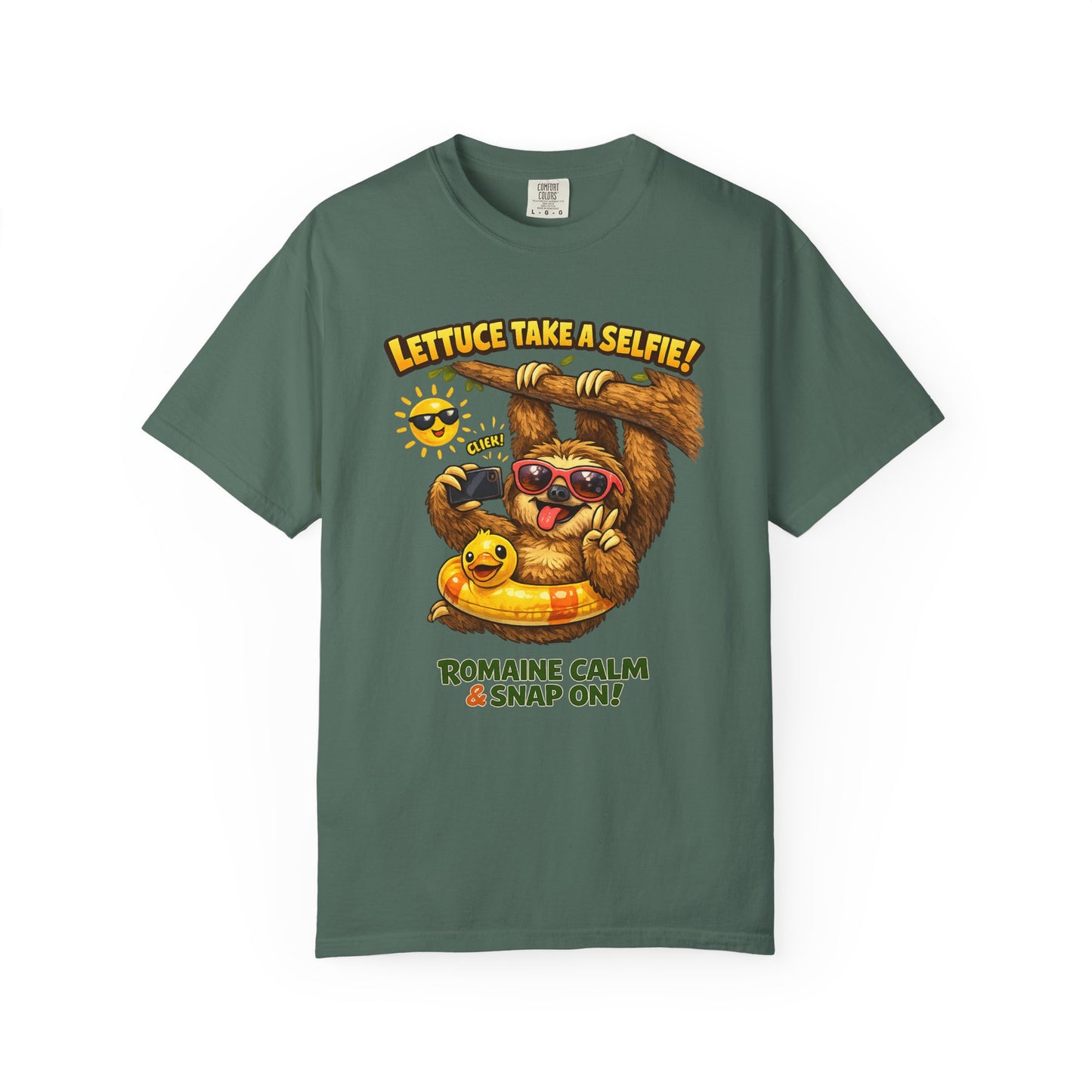 Romaine Calm & Snap On T-Shirt — 'Lettuce Take a Selfie' Sloth Graphic Tee