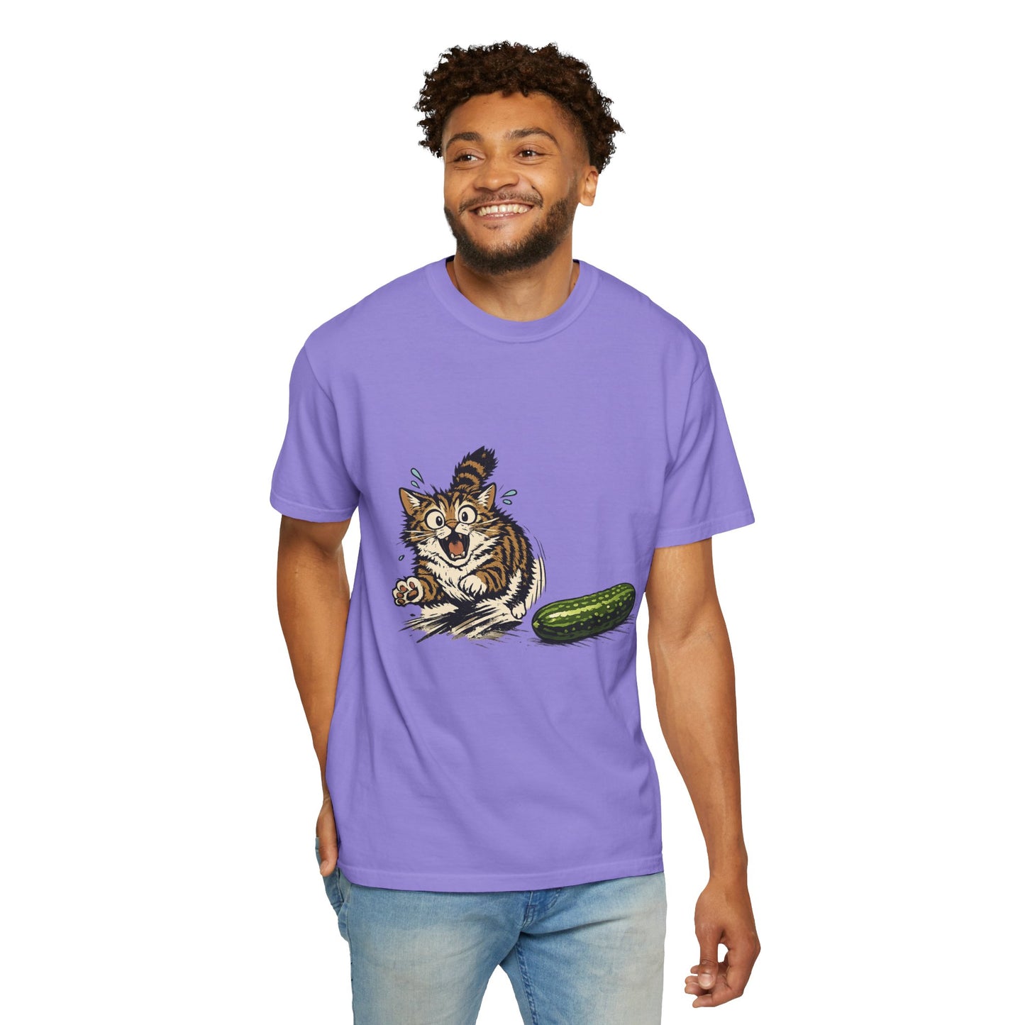 Cat and Cucumber Fear Graphic T-Shirt — Surprised Kitten with Cucumber Illustration