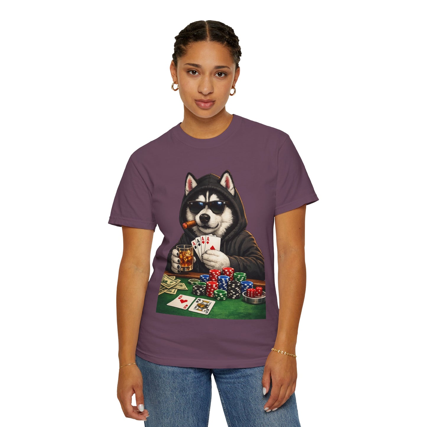 Poker Husky T-Shirt — Dog Playing Cards & Chips Graphic Tee