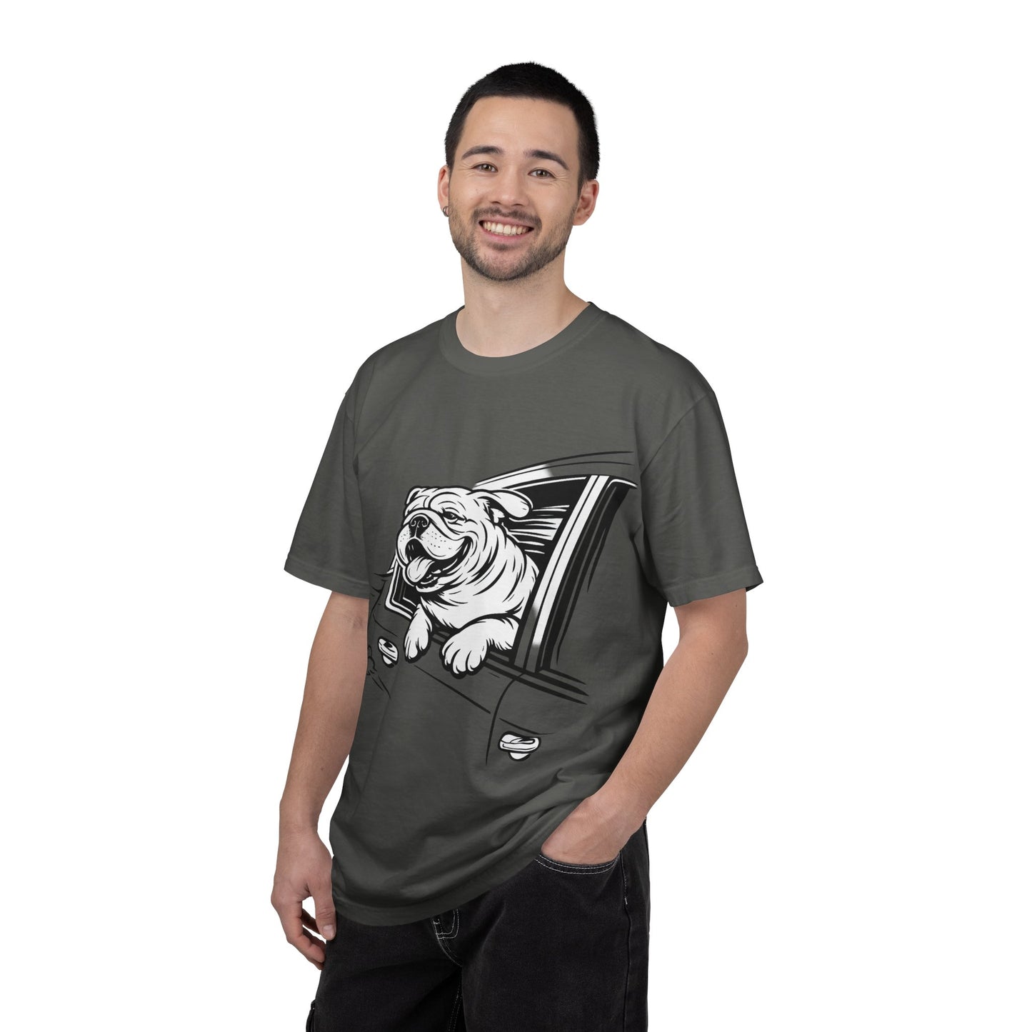 Bulldog Head Out Car Window T-Shirt — Cute Driving Dog Tee