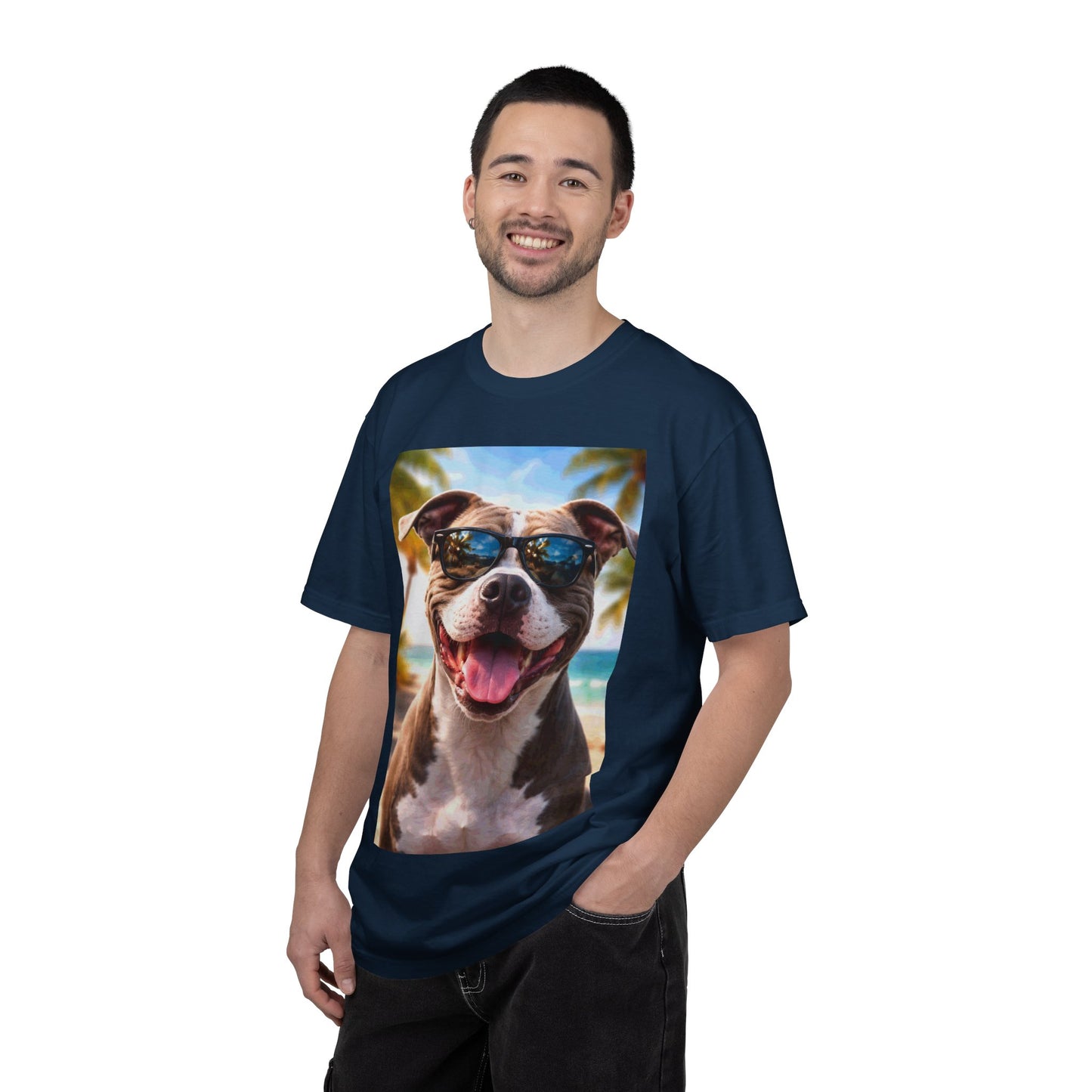 Happy Dog in Sunglasses T-Shirt — Summer Beach Pitbull Graphic Tee