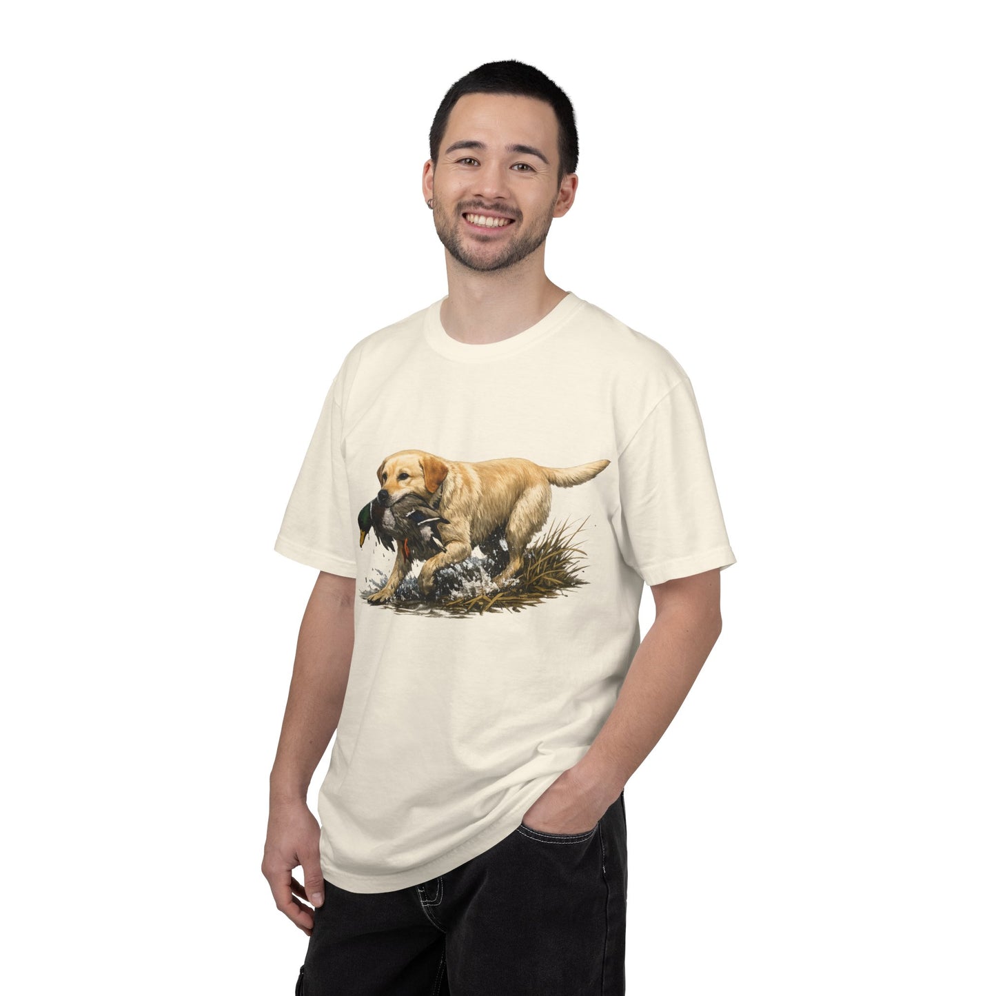 Labrador Retriever Hunting Dog T-Shirt — Yellow Lab with Duck Graphic