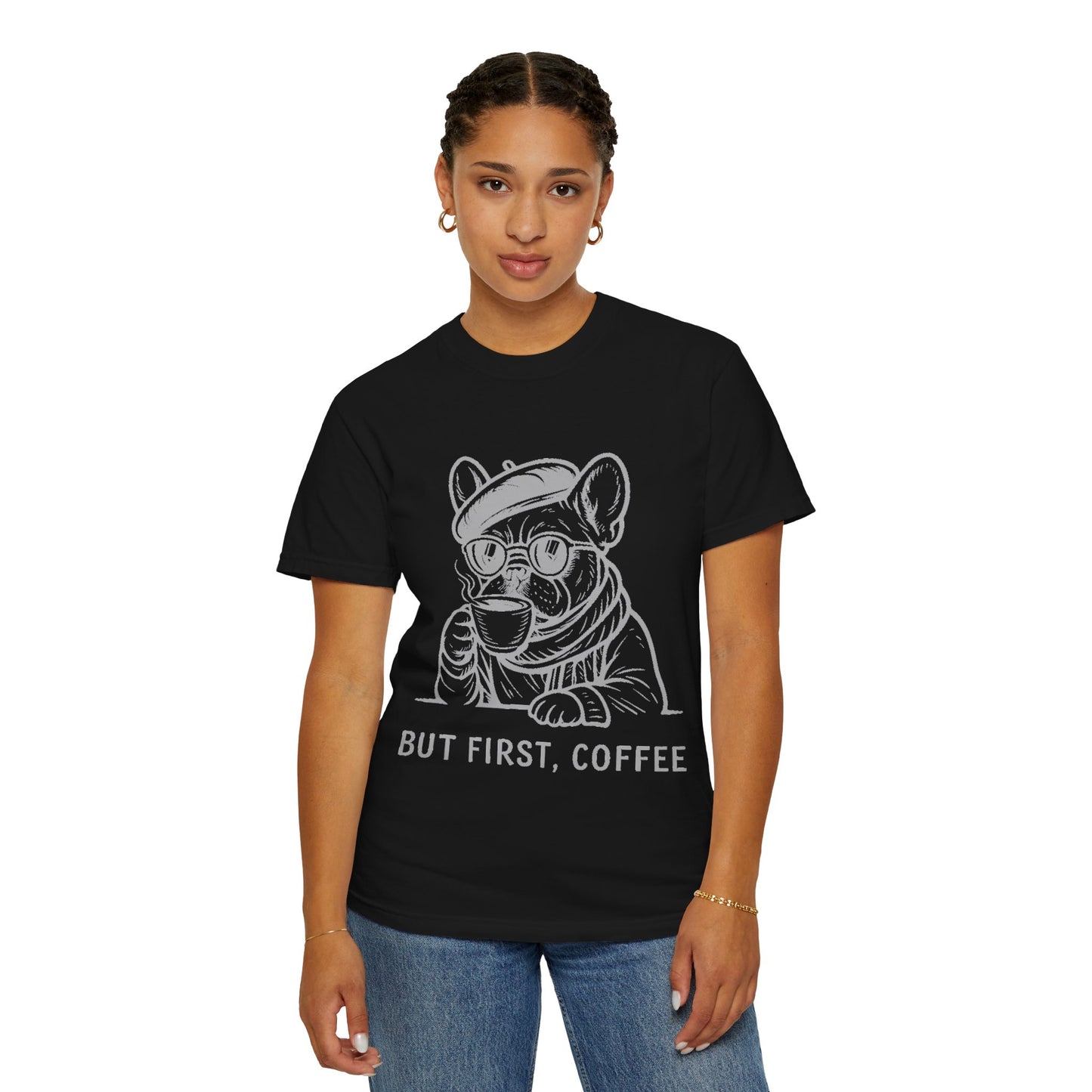 But First, Coffee T-Shirt — French Bulldog Drinking Coffee Graphic Tee