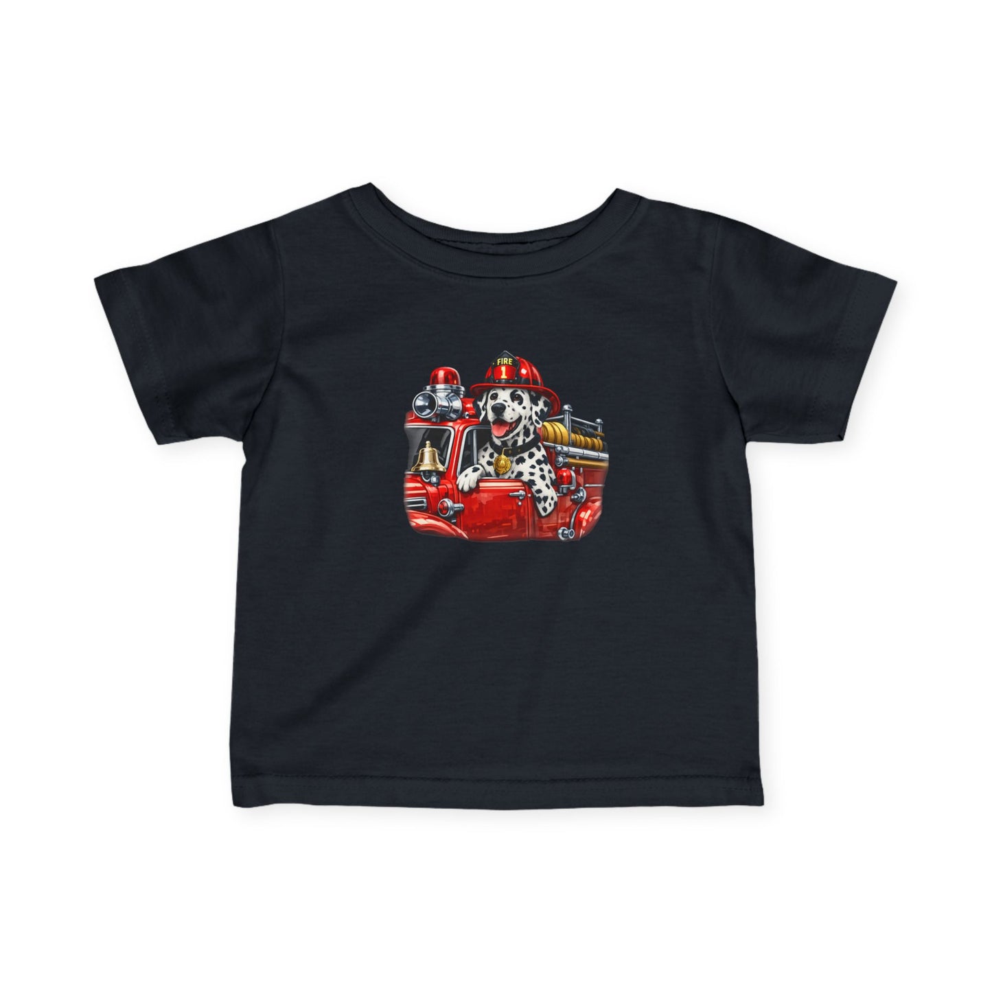 Infant Tee — Dalmatian Firetruck Baby Shirt (Firefighter Puppy Design)