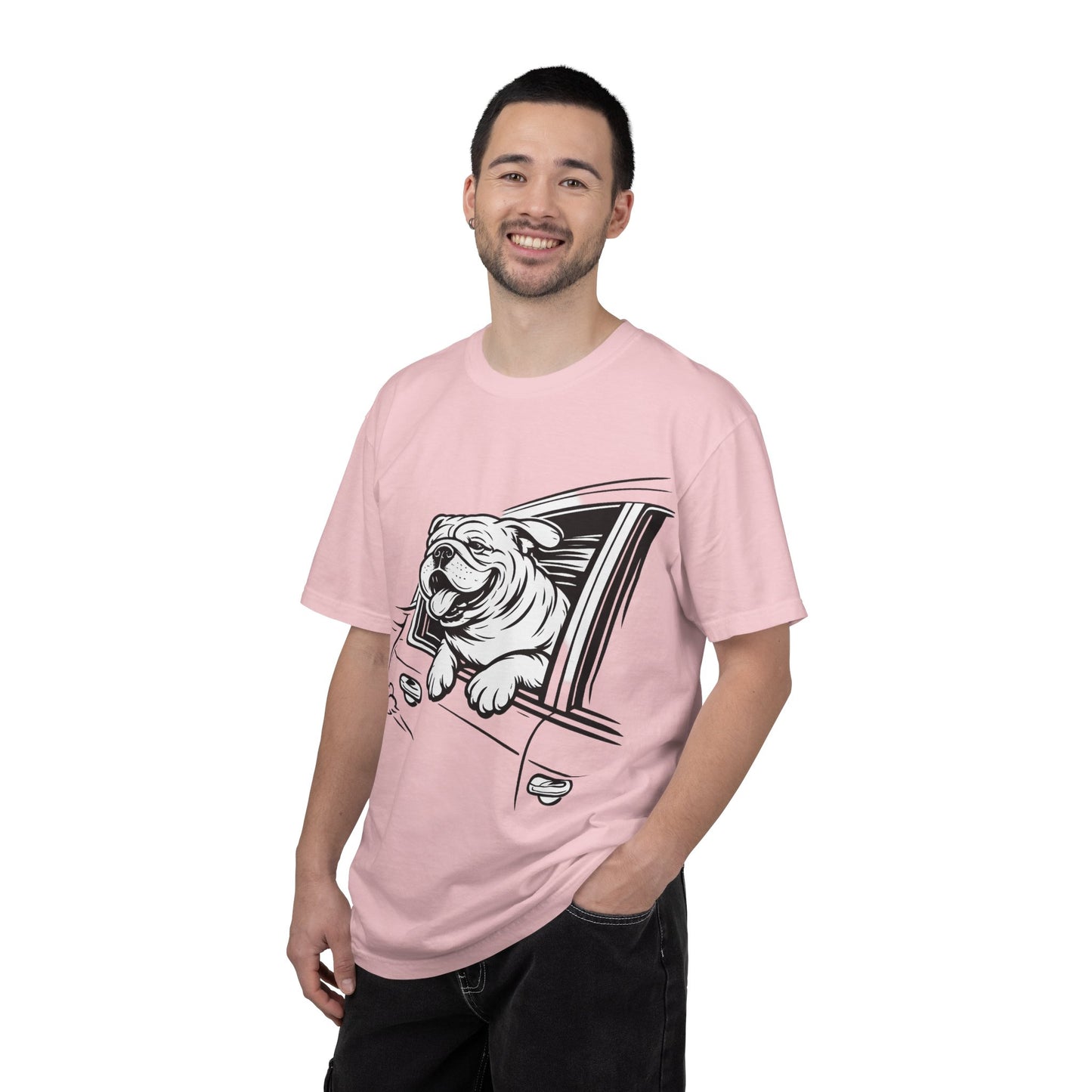 Bulldog Head Out Car Window T-Shirt — Cute Driving Dog Tee