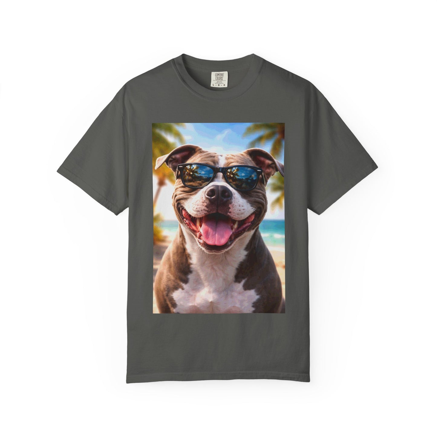 Happy Dog in Sunglasses T-Shirt — Summer Beach Pitbull Graphic Tee