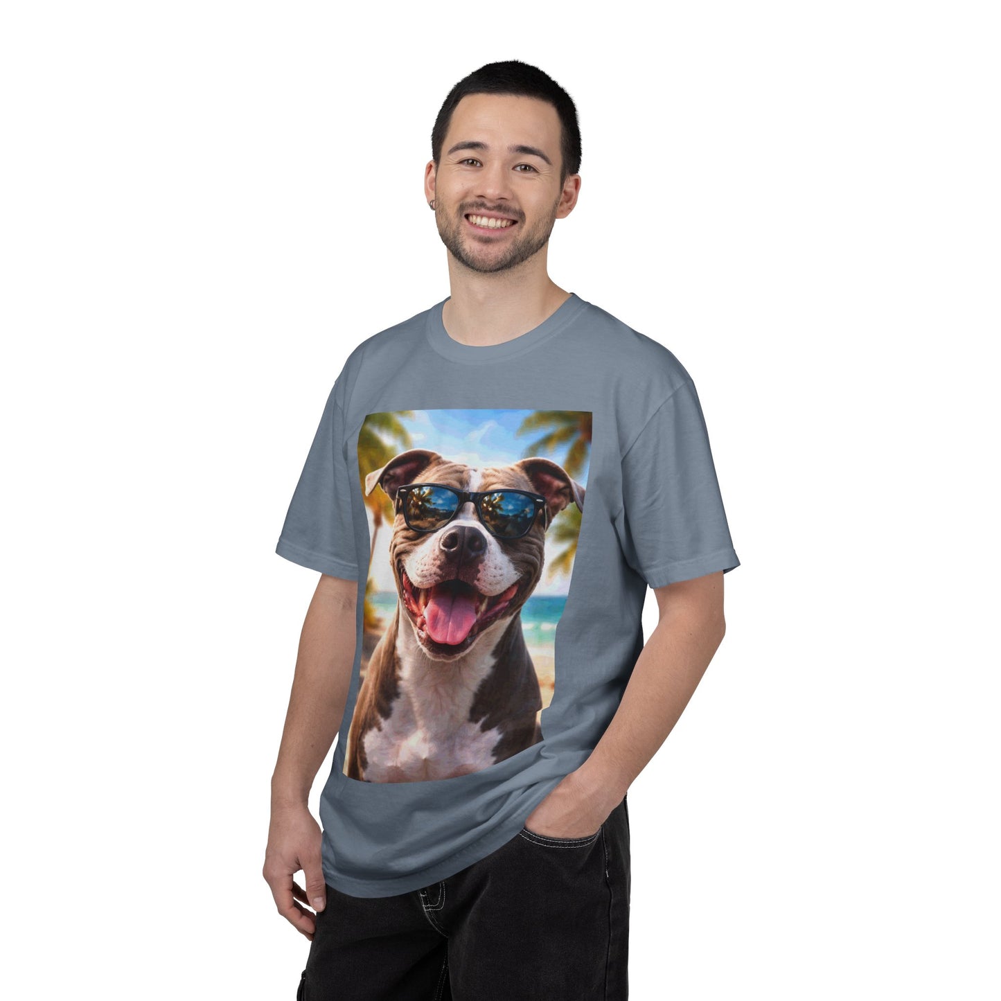 Happy Dog in Sunglasses T-Shirt — Summer Beach Pitbull Graphic Tee