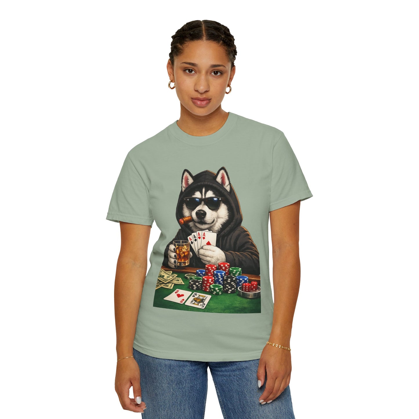 Poker Husky T-Shirt — Dog Playing Cards & Chips Graphic Tee