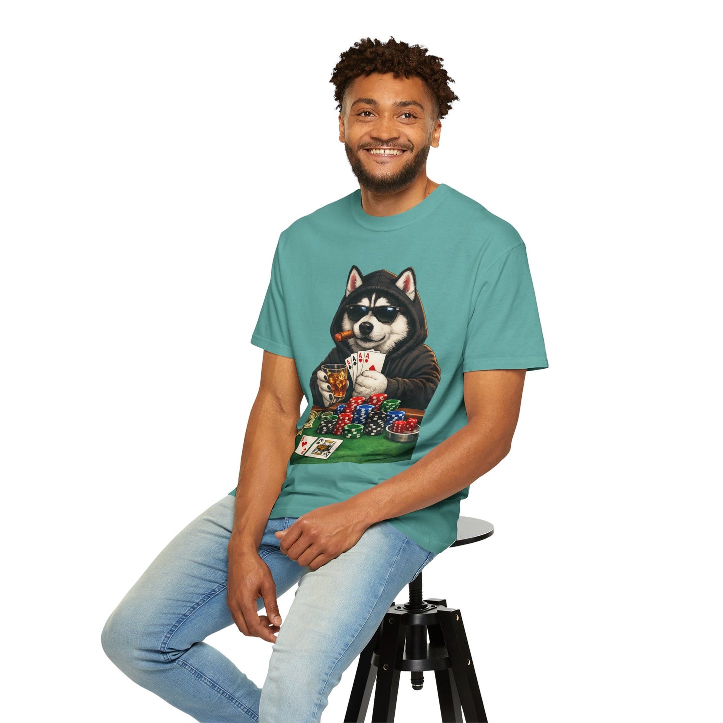 Poker Husky T-Shirt — Dog Playing Cards & Chips Graphic Tee