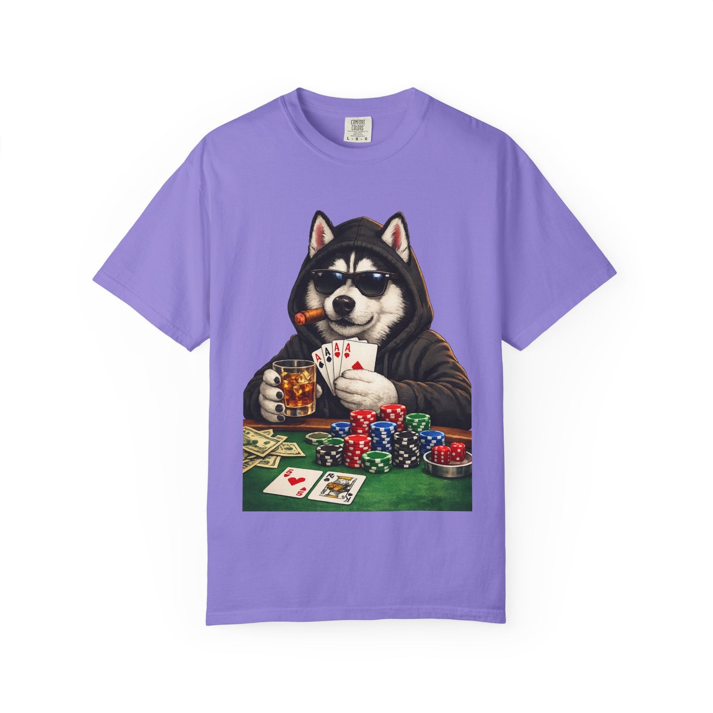 Poker Husky T-Shirt — Dog Playing Cards & Chips Graphic Tee