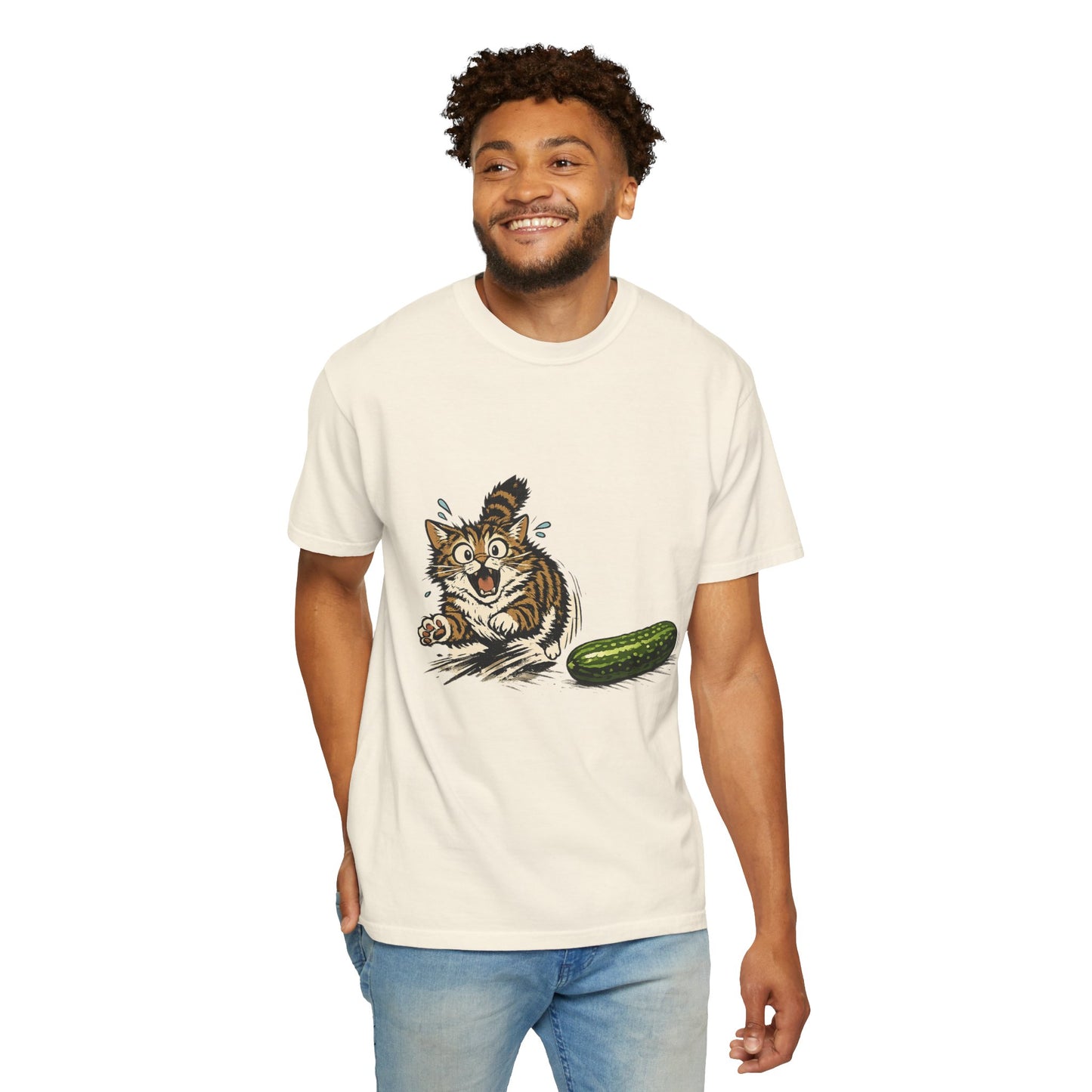 Cat and Cucumber Fear Graphic T-Shirt — Surprised Kitten with Cucumber Illustration