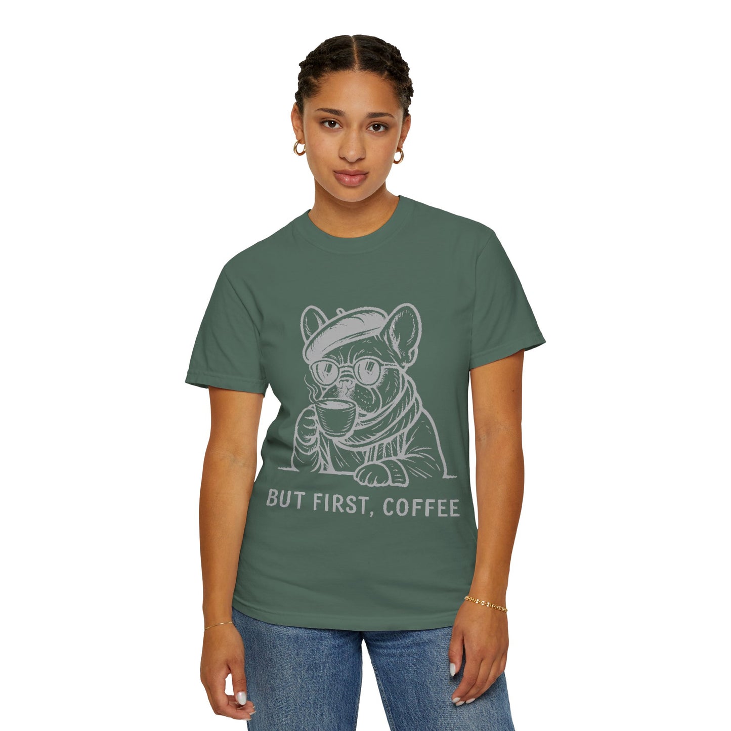 But First, Coffee T-Shirt — French Bulldog Drinking Coffee Graphic Tee