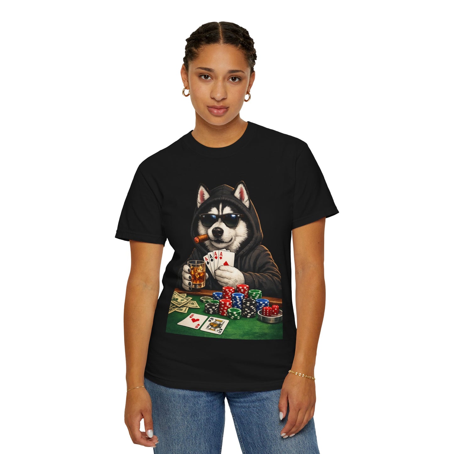 Poker Husky T-Shirt — Dog Playing Cards & Chips Graphic Tee