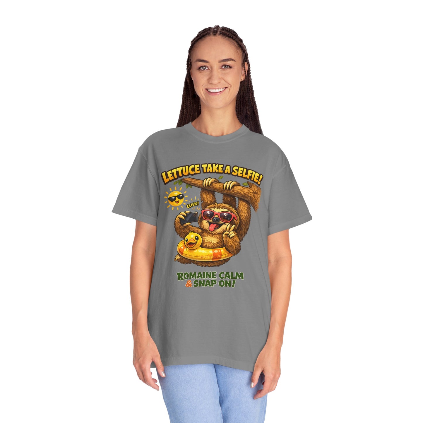 Romaine Calm & Snap On T-Shirt — 'Lettuce Take a Selfie' Sloth Graphic Tee