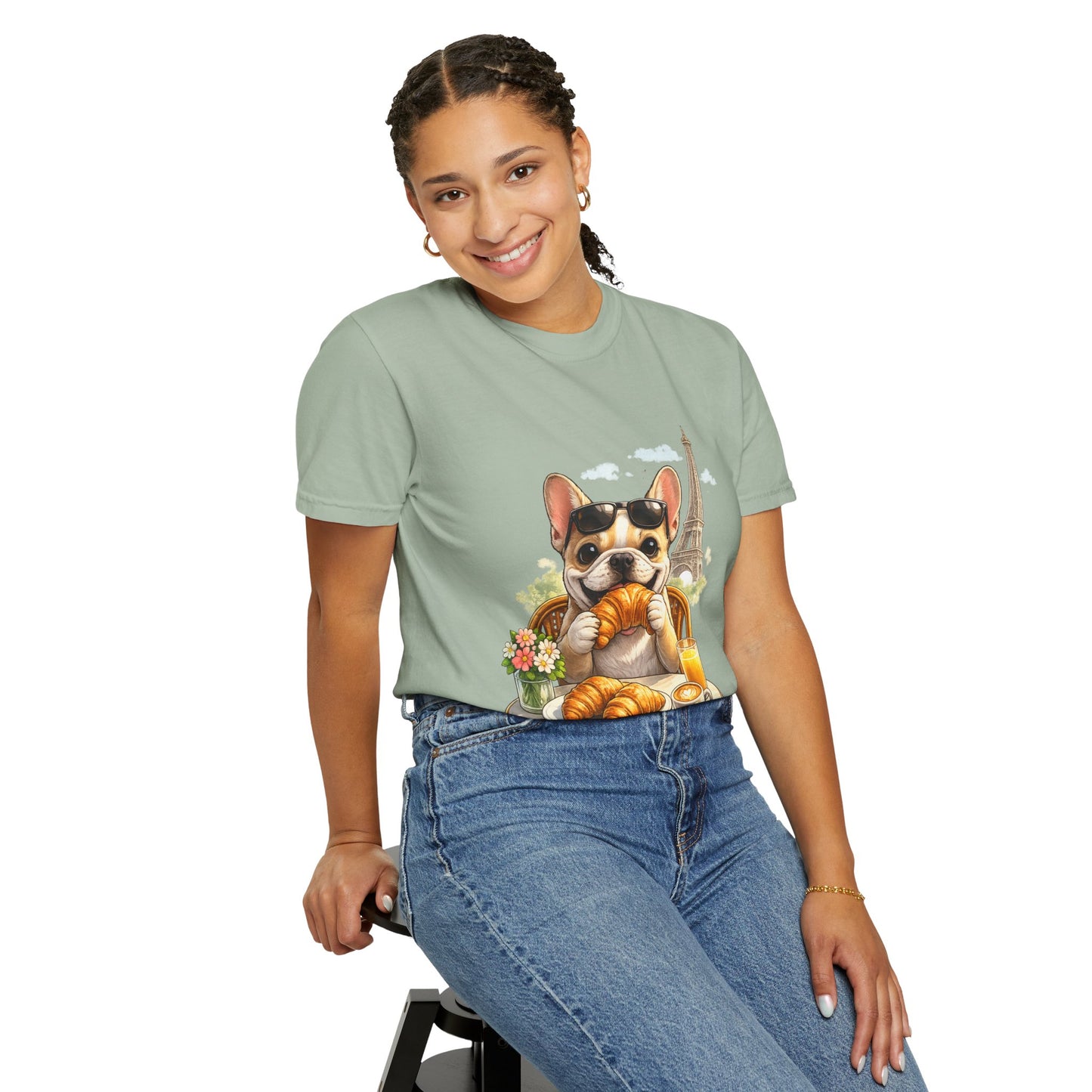 French Bulldog Breakfast T-Shirt — Croissant Café Tee with Eiffel Tower