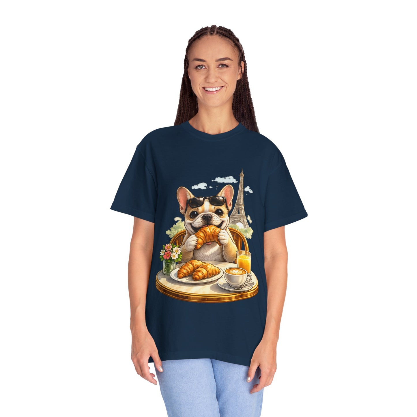 French Bulldog Breakfast T-Shirt — Croissant Café Tee with Eiffel Tower