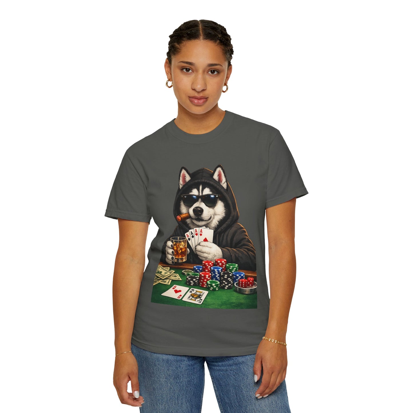 Poker Husky T-Shirt — Dog Playing Cards & Chips Graphic Tee