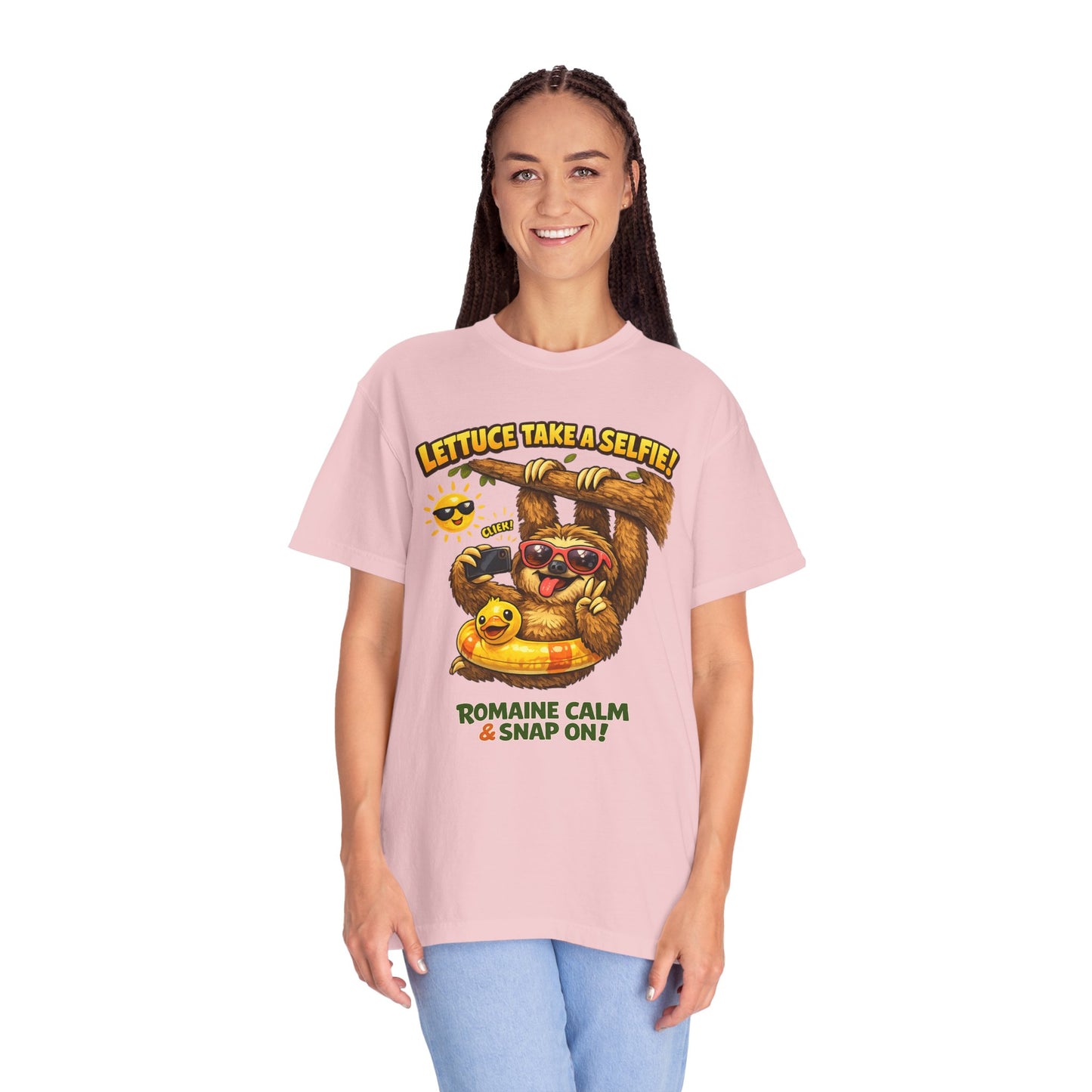 Romaine Calm & Snap On T-Shirt — 'Lettuce Take a Selfie' Sloth Graphic Tee