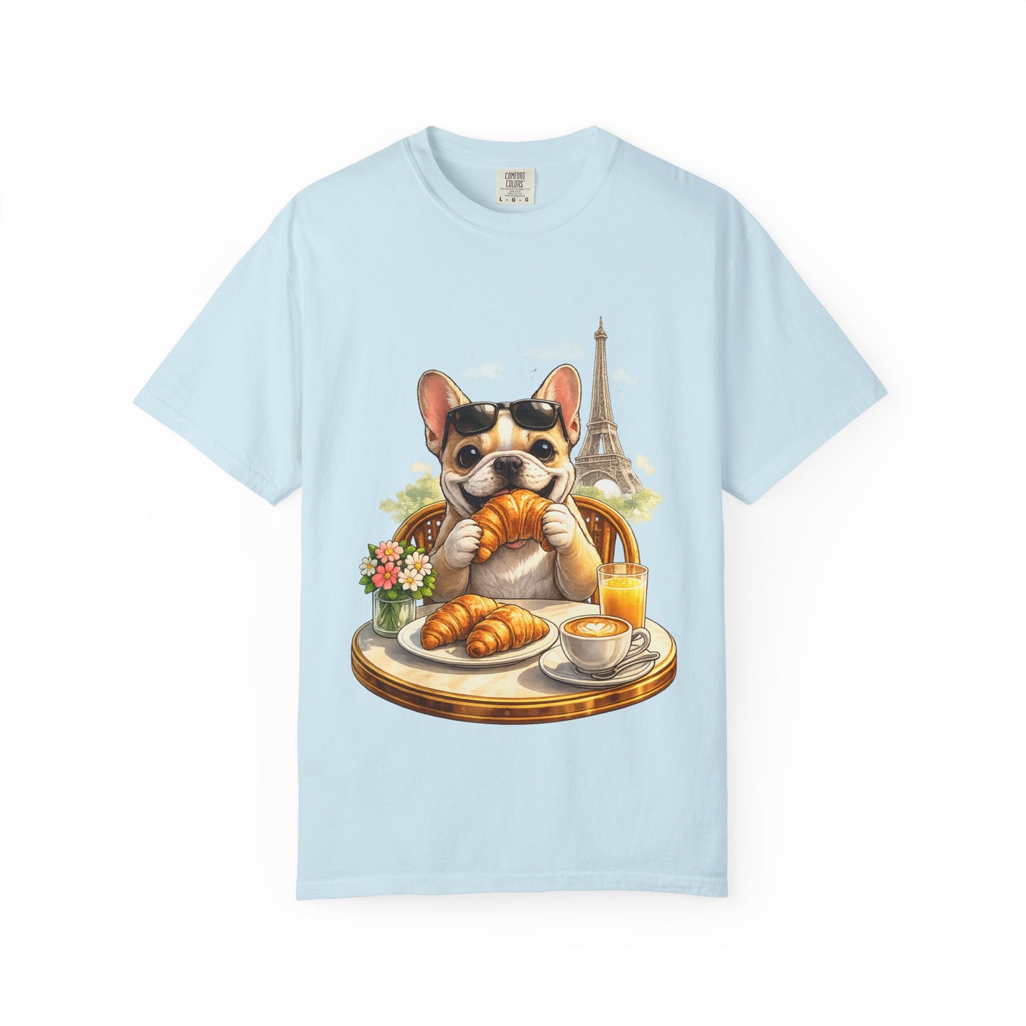 French Bulldog Breakfast T-Shirt — Croissant Café Tee with Eiffel Tower