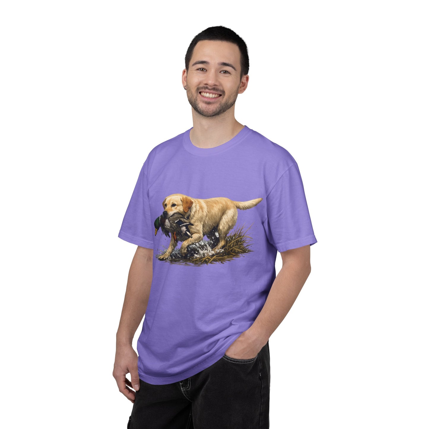 Labrador Retriever Hunting Dog T-Shirt — Yellow Lab with Duck Graphic