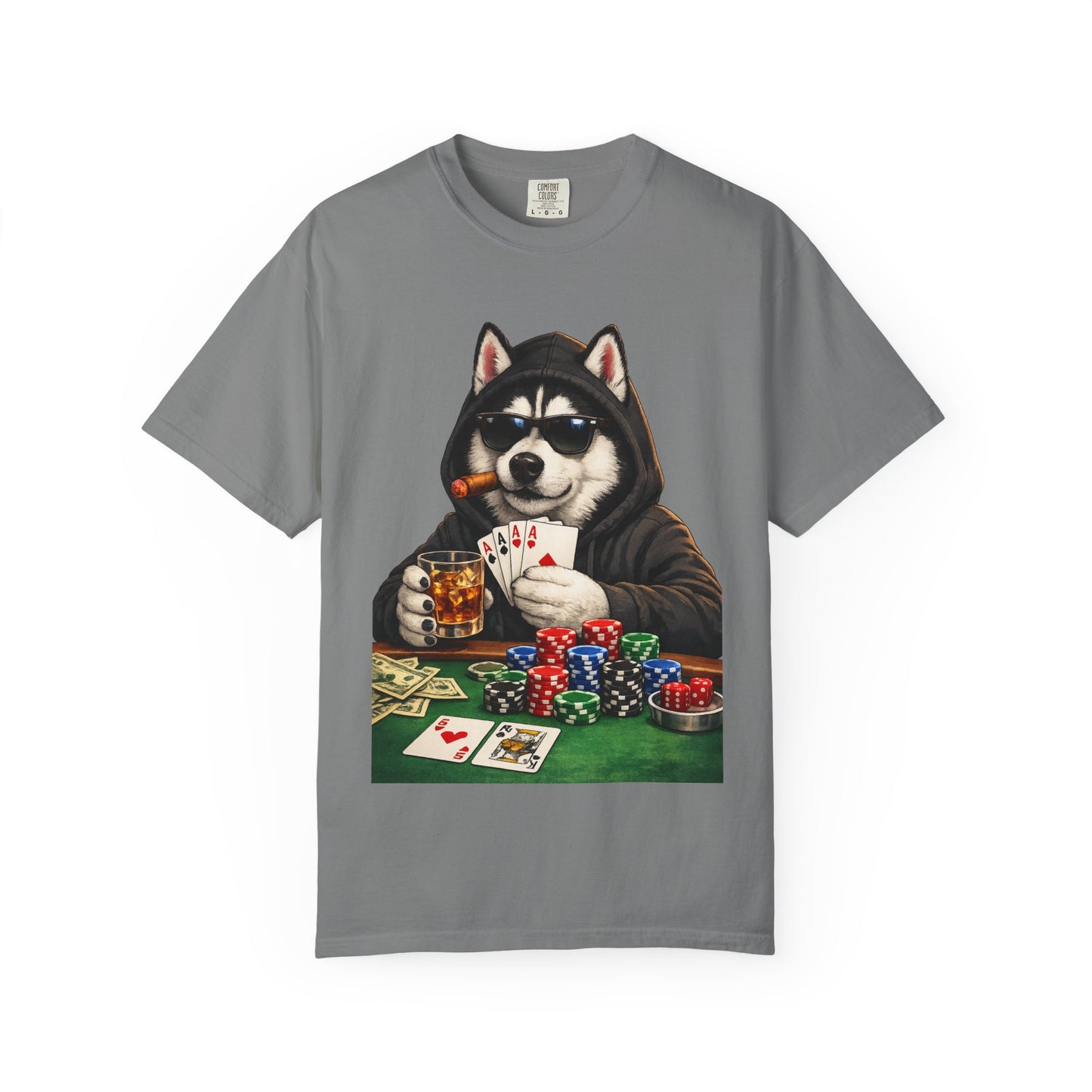Poker Husky T-Shirt — Dog Playing Cards & Chips Graphic Tee