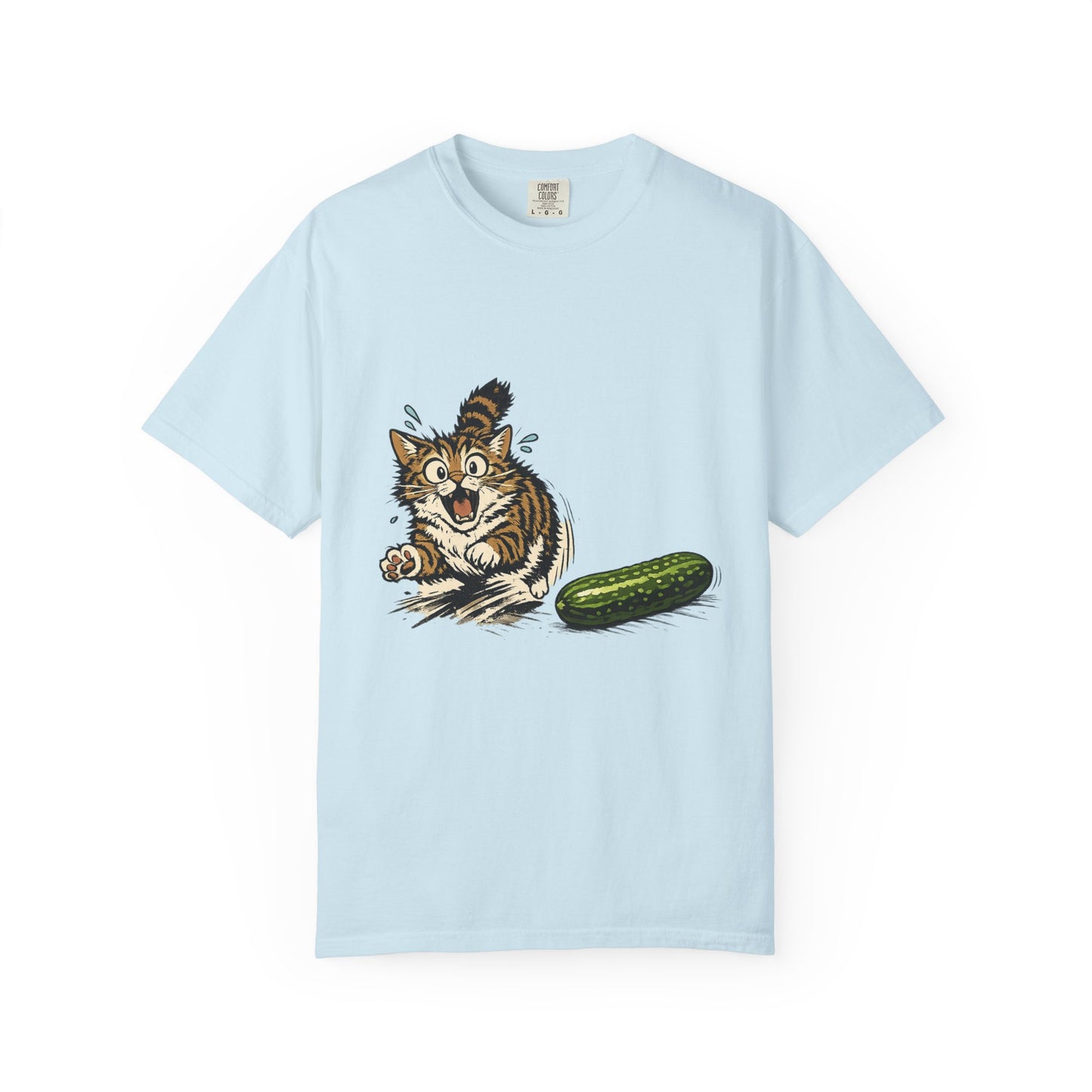 Cat and Cucumber Fear Graphic T-Shirt — Surprised Kitten with Cucumber Illustration