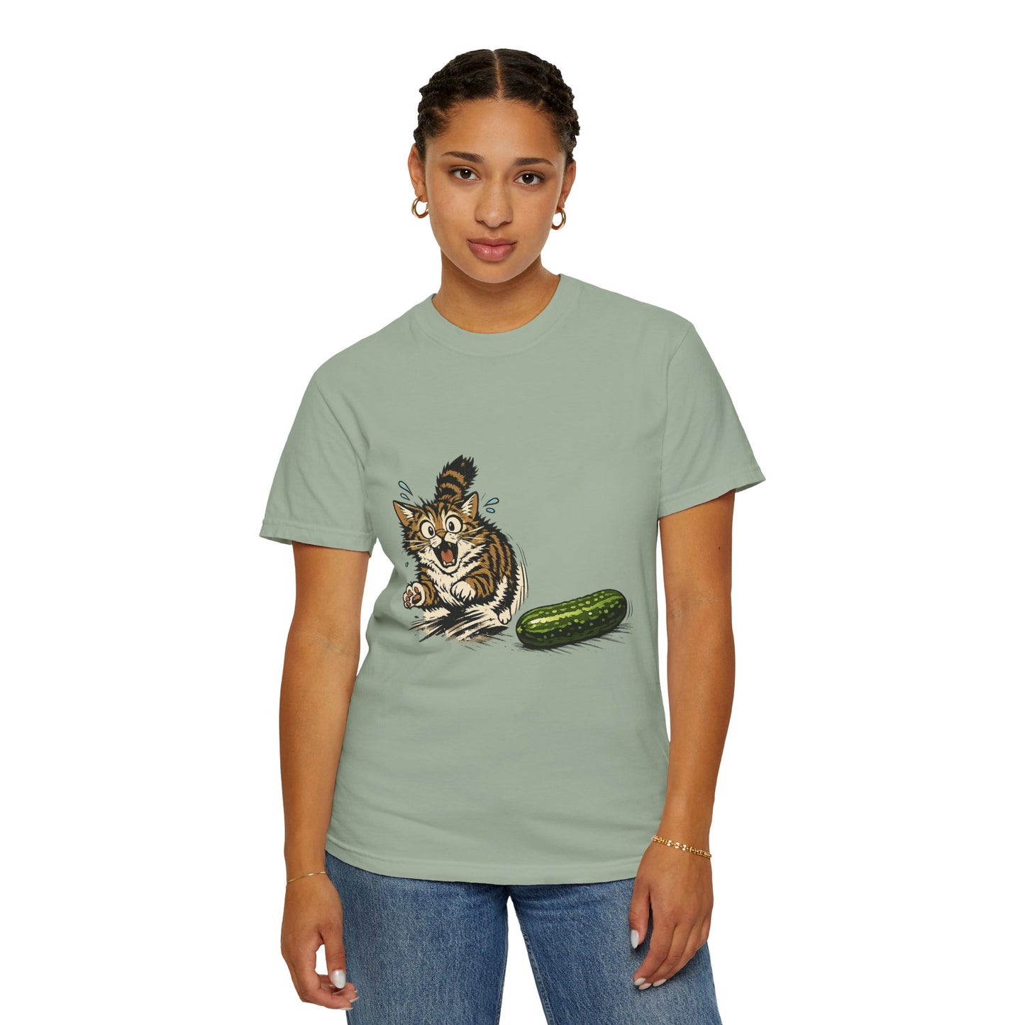 Cat and Cucumber Fear Graphic T-Shirt — Surprised Kitten with Cucumber Illustration
