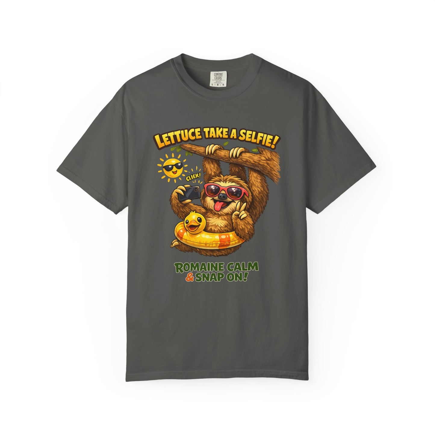 Romaine Calm & Snap On T-Shirt — 'Lettuce Take a Selfie' Sloth Graphic Tee