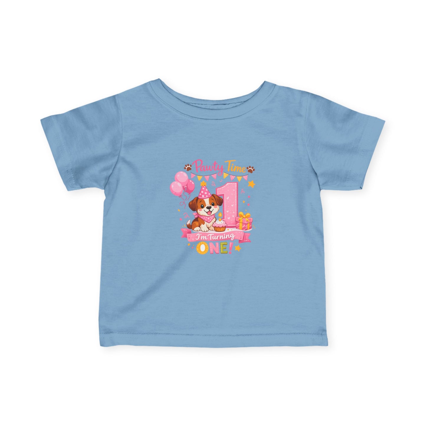 Girls First Birthday Infant Tee — "Party Time One!" Pink Puppy 1st Birthday Shirt