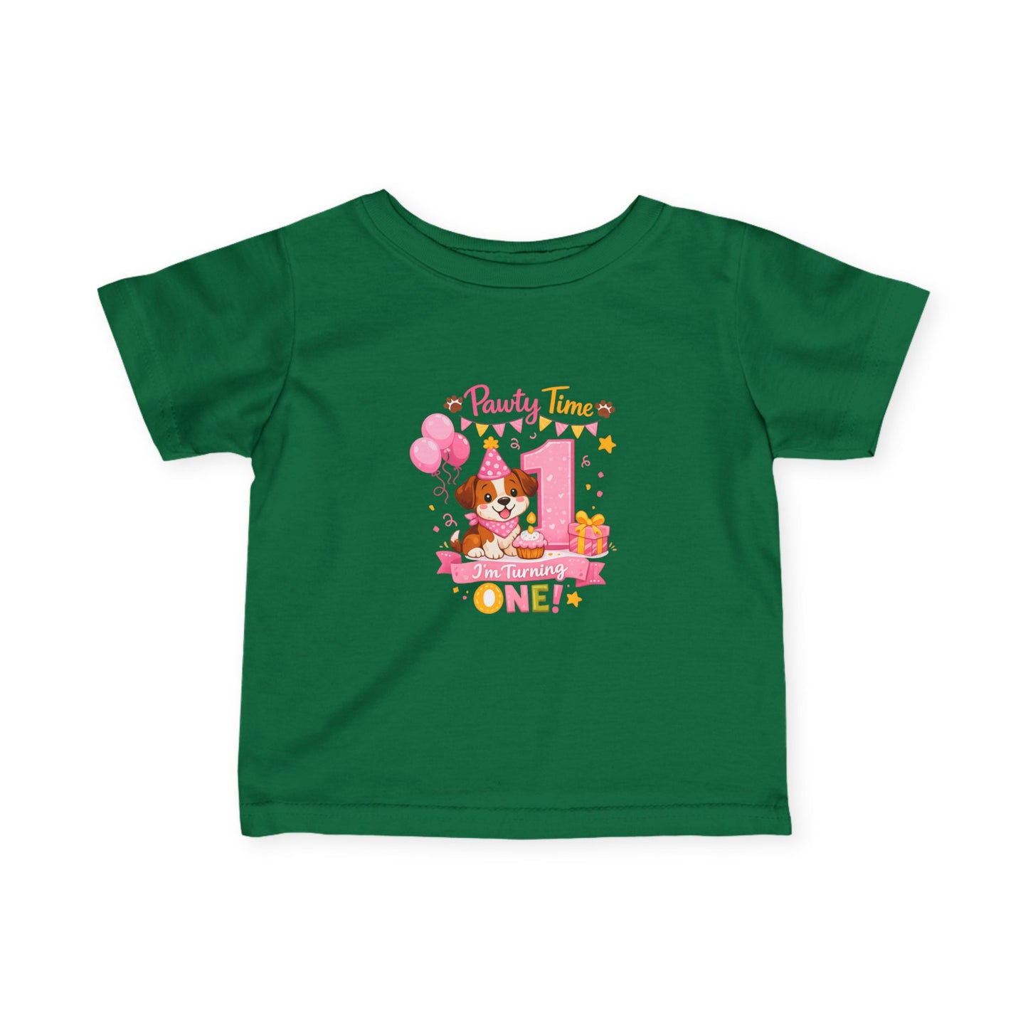 Girls First Birthday Infant Tee — "Party Time One!" Pink Puppy 1st Birthday Shirt