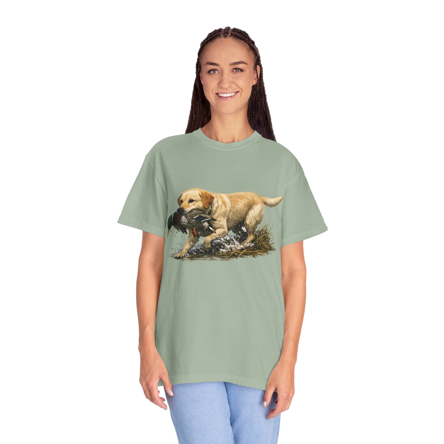 Labrador Retriever Hunting Dog T-Shirt — Yellow Lab with Duck Graphic