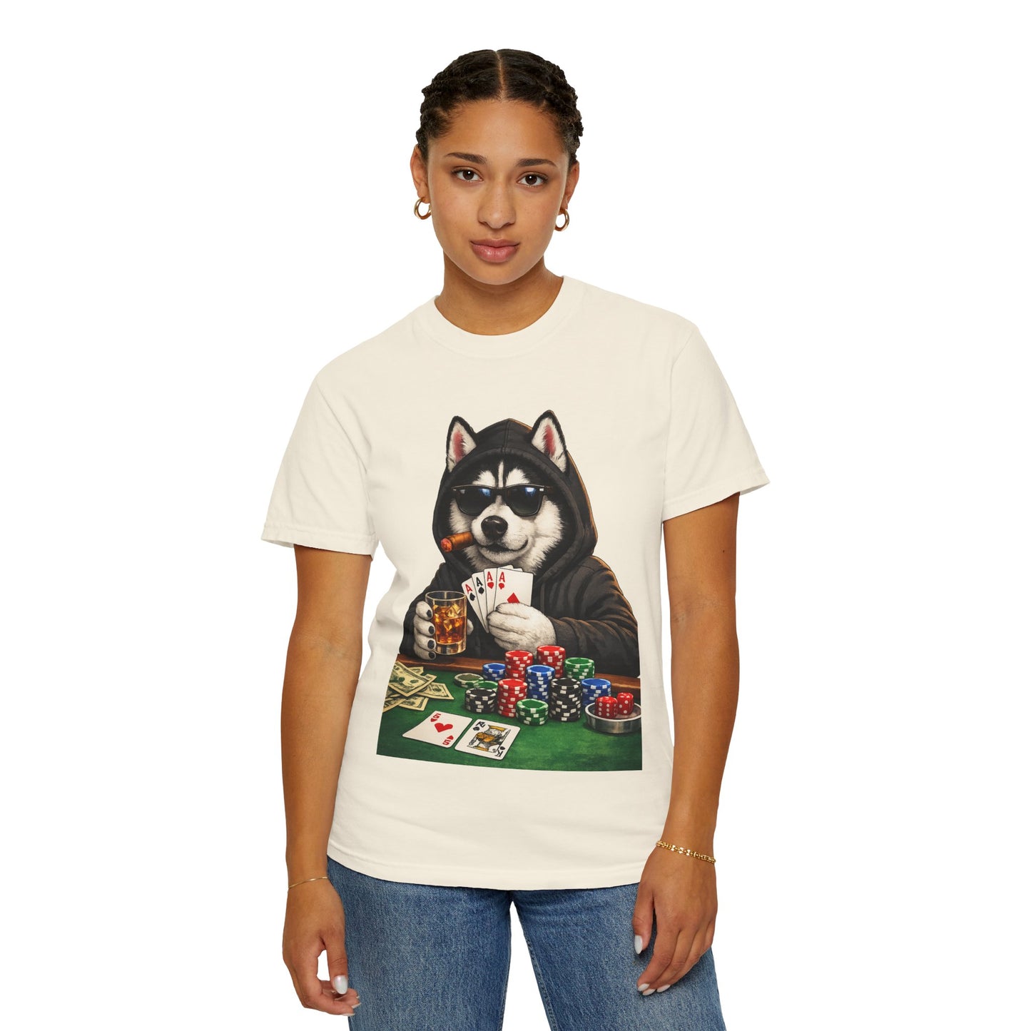 Poker Husky T-Shirt — Dog Playing Cards & Chips Graphic Tee