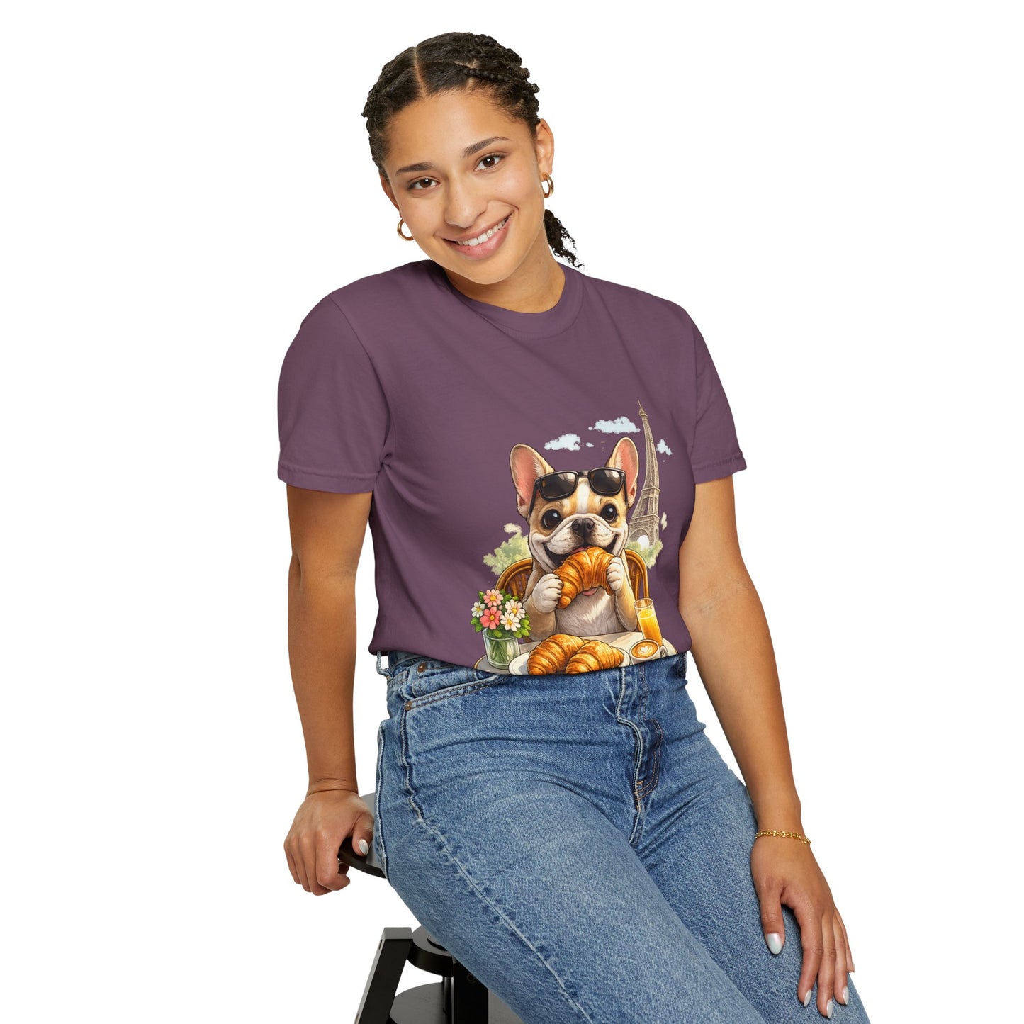 French Bulldog Breakfast T-Shirt — Croissant Café Tee with Eiffel Tower