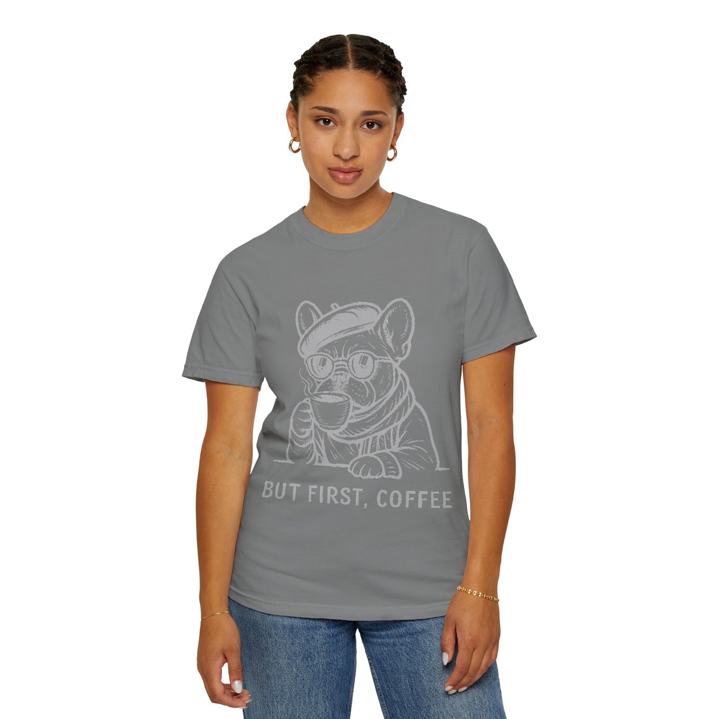 But First, Coffee T-Shirt — French Bulldog Drinking Coffee Graphic Tee