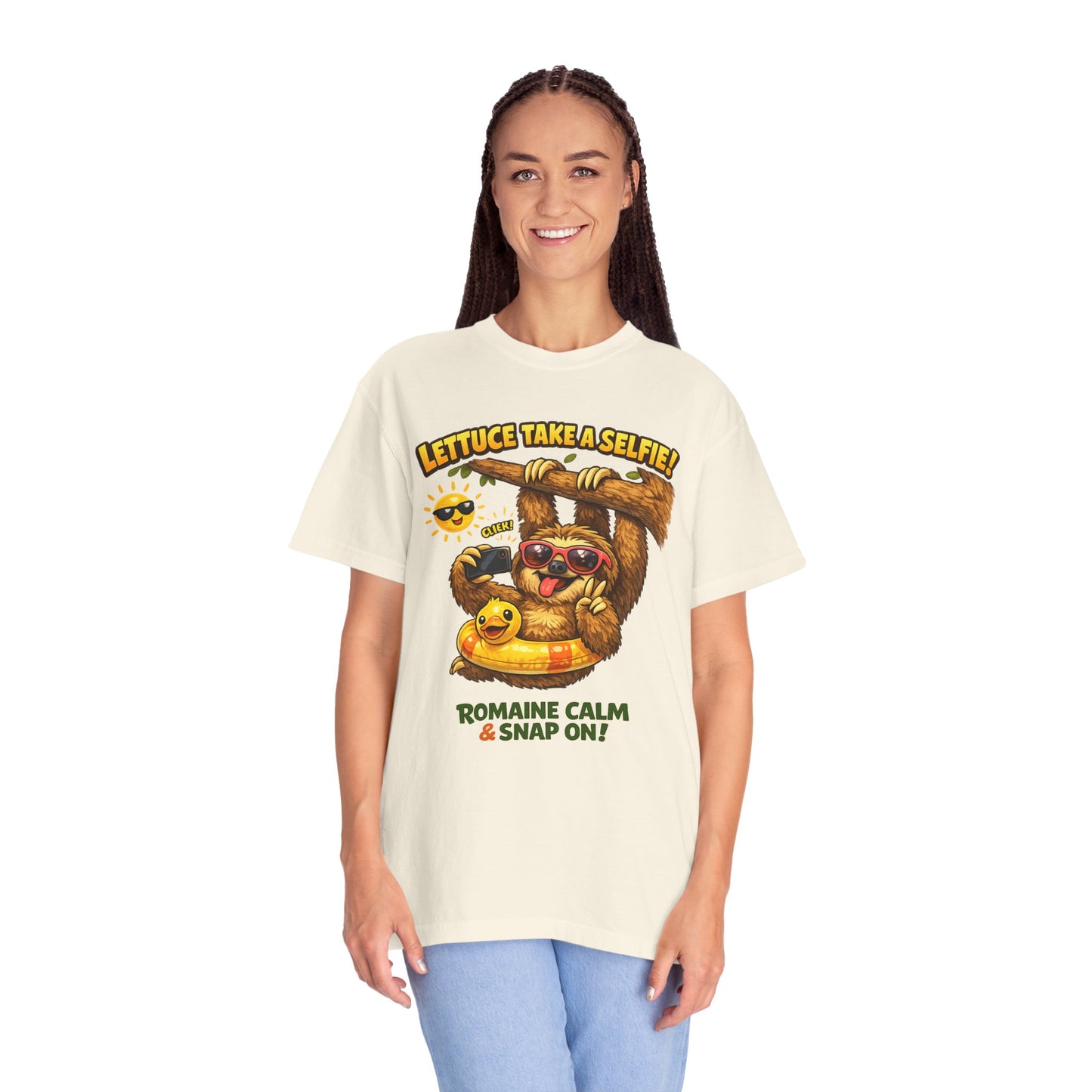 Romaine Calm & Snap On T-Shirt — 'Lettuce Take a Selfie' Sloth Graphic Tee