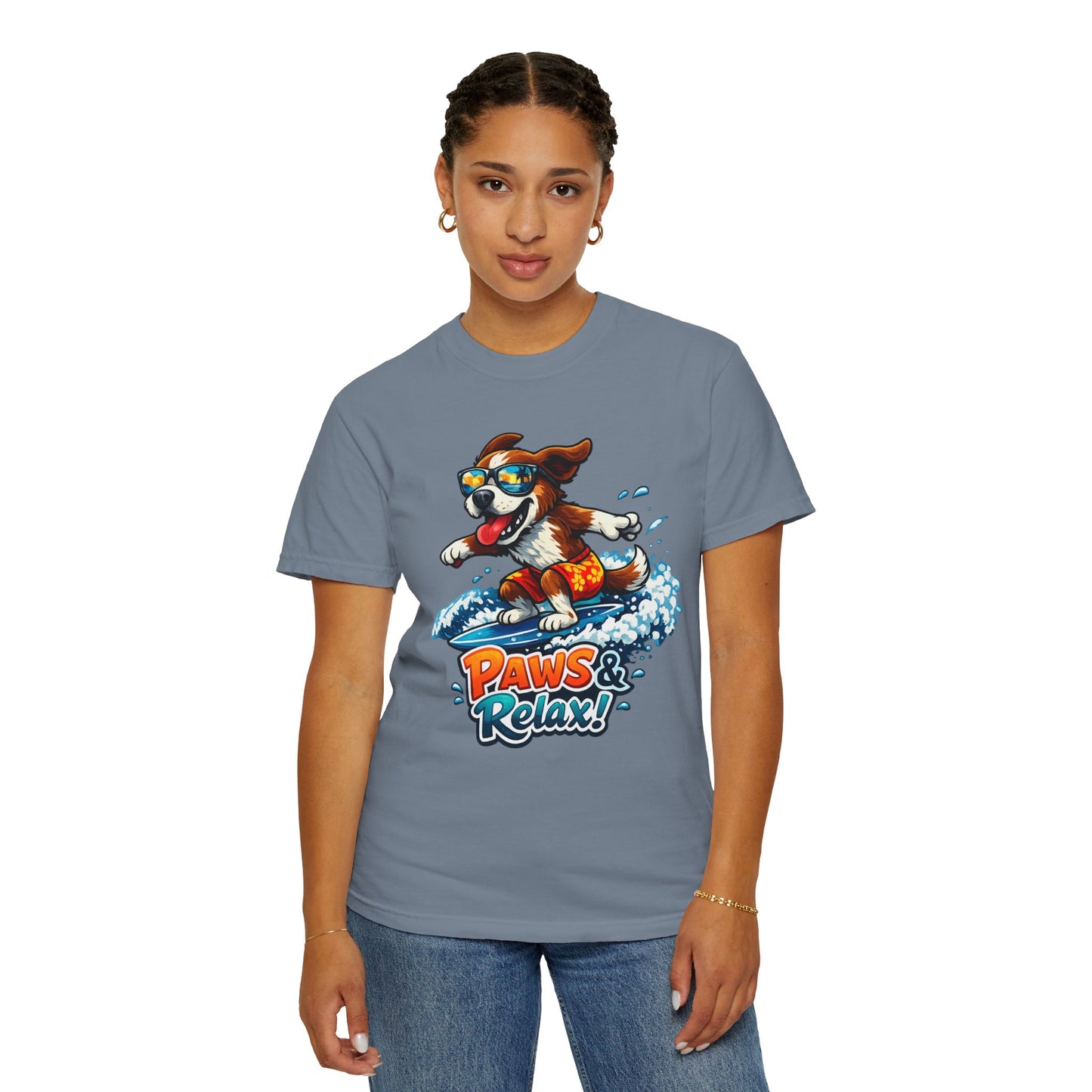 Surfing Dog T-Shirt — "Paws & Relax" Graphic Tee