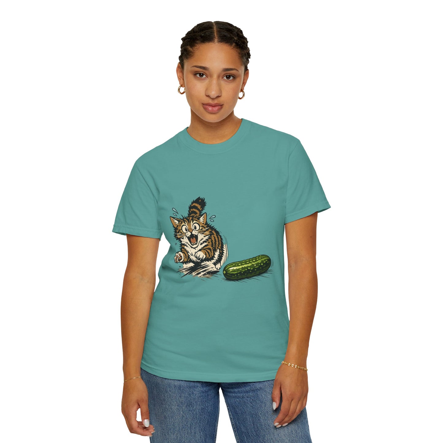 Cat and Cucumber Fear Graphic T-Shirt — Surprised Kitten with Cucumber Illustration
