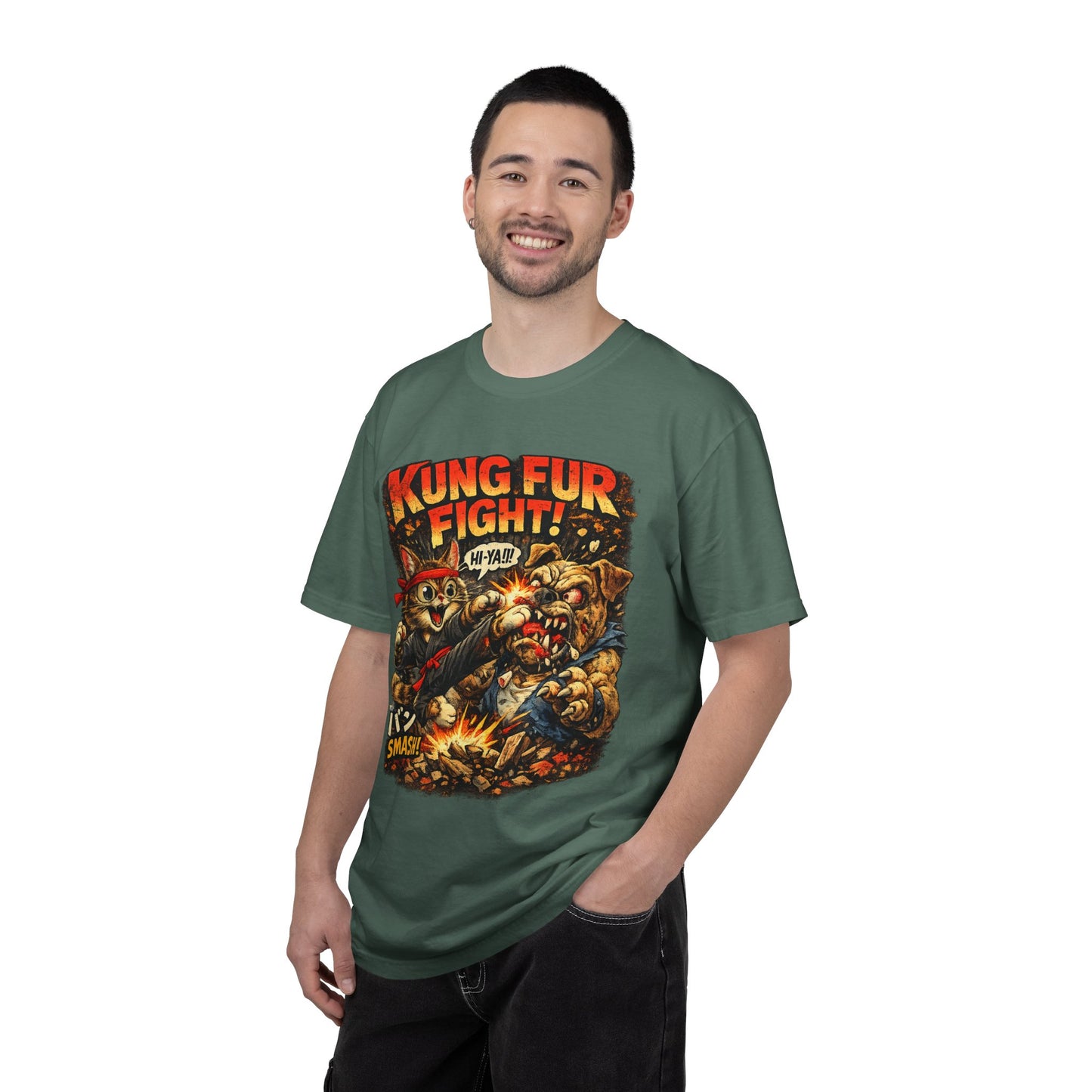 Kung Fur Fight T-Shirt — Retro Cat vs Dog Martial Arts Graphic Tee