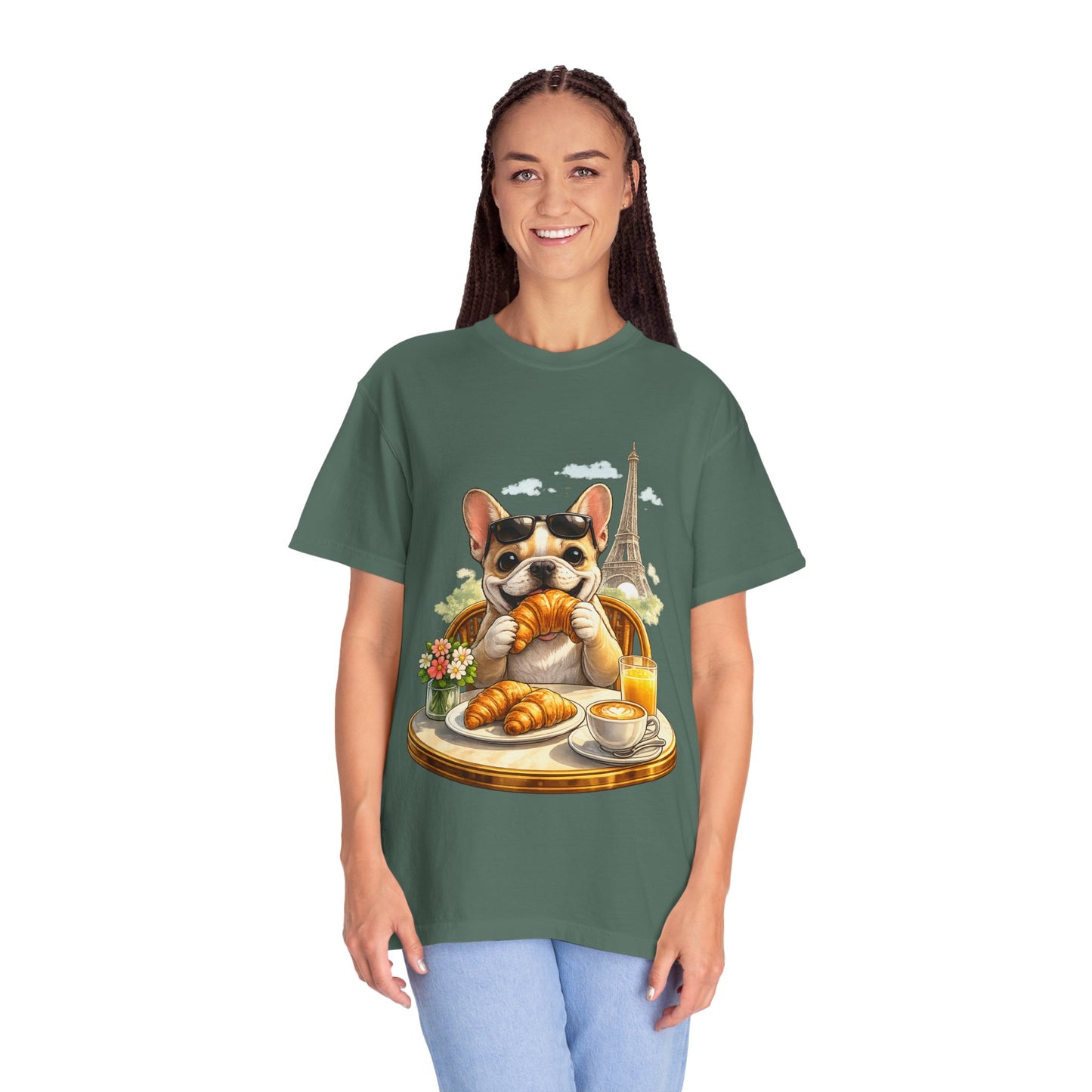 French Bulldog Breakfast T-Shirt — Croissant Café Tee with Eiffel Tower