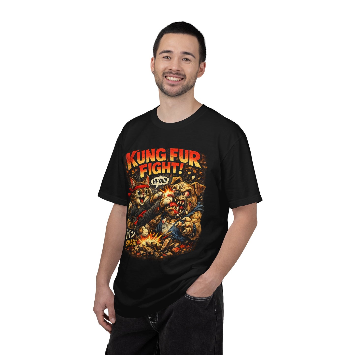 Kung Fur Fight T-Shirt — Retro Cat vs Dog Martial Arts Graphic Tee