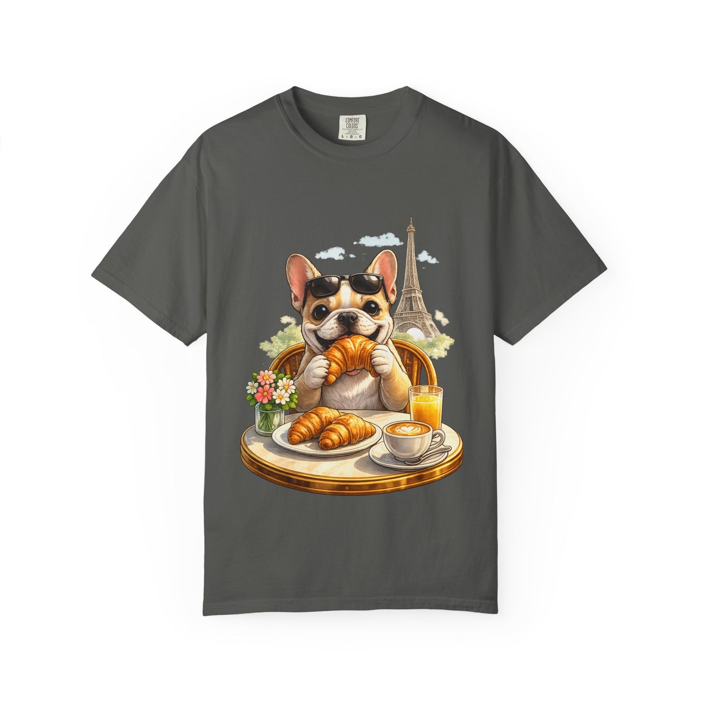 French Bulldog Breakfast T-Shirt — Croissant Café Tee with Eiffel Tower