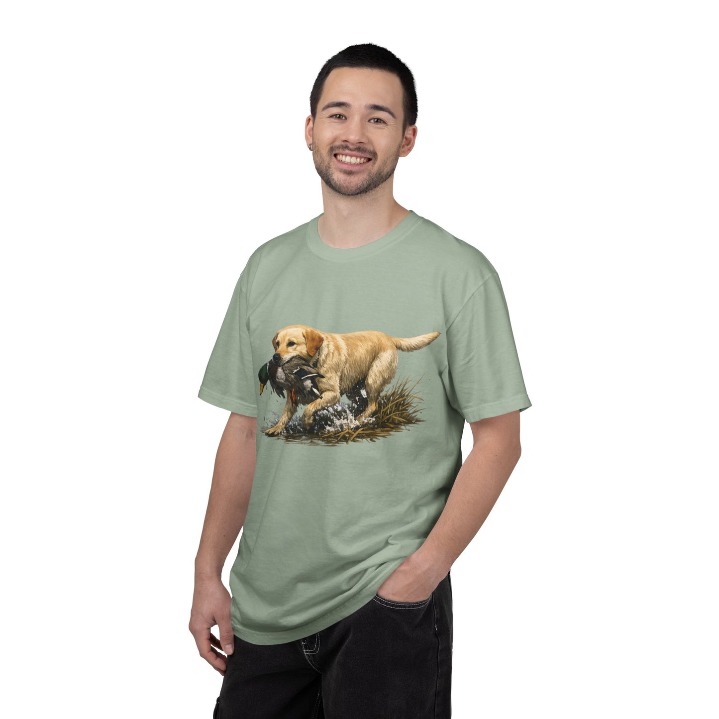 Labrador Retriever Hunting Dog T-Shirt — Yellow Lab with Duck Graphic