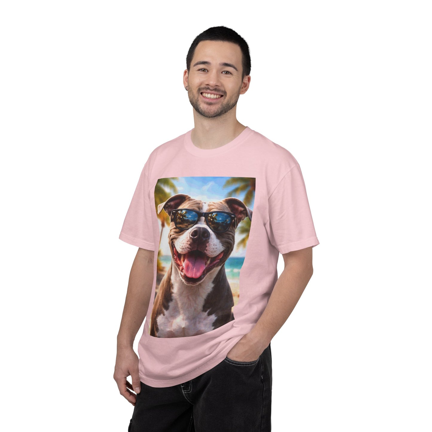 Happy Dog in Sunglasses T-Shirt — Summer Beach Pitbull Graphic Tee