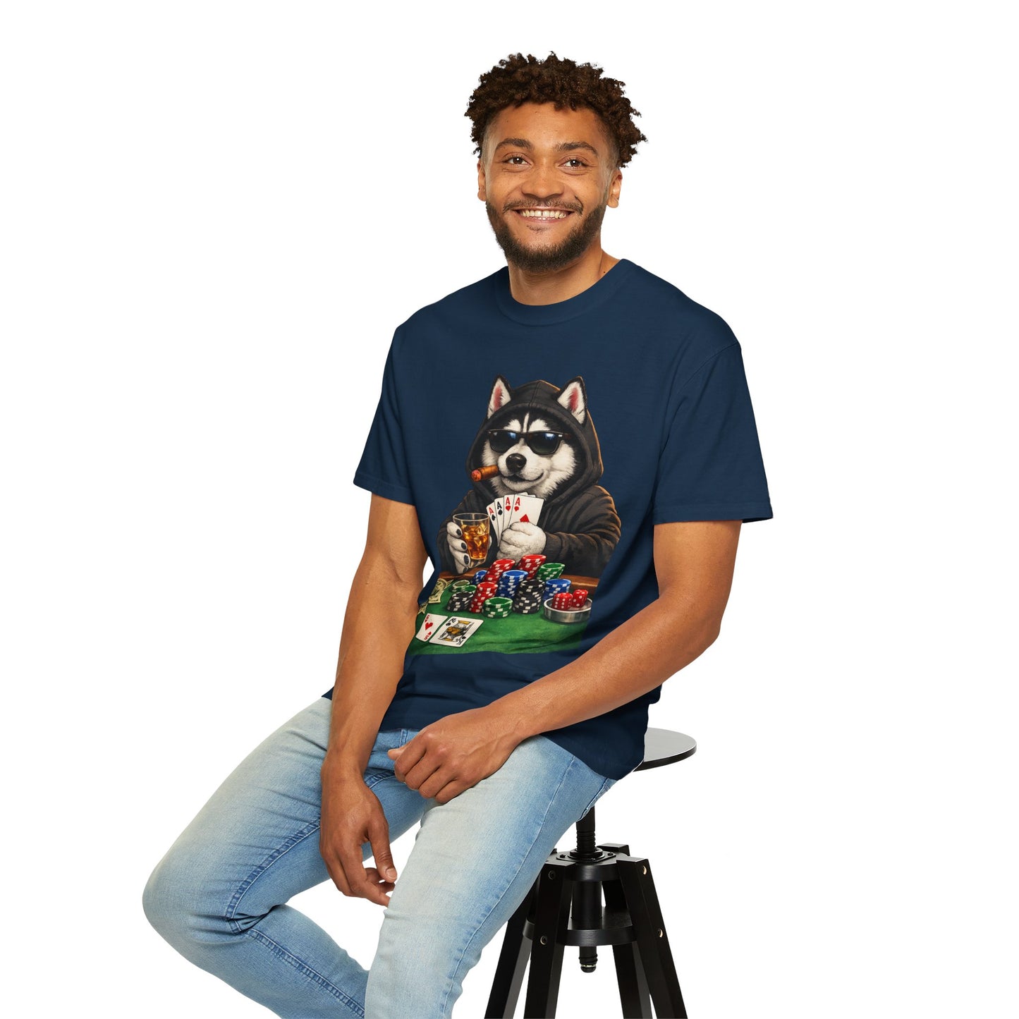Poker Husky T-Shirt — Dog Playing Cards & Chips Graphic Tee