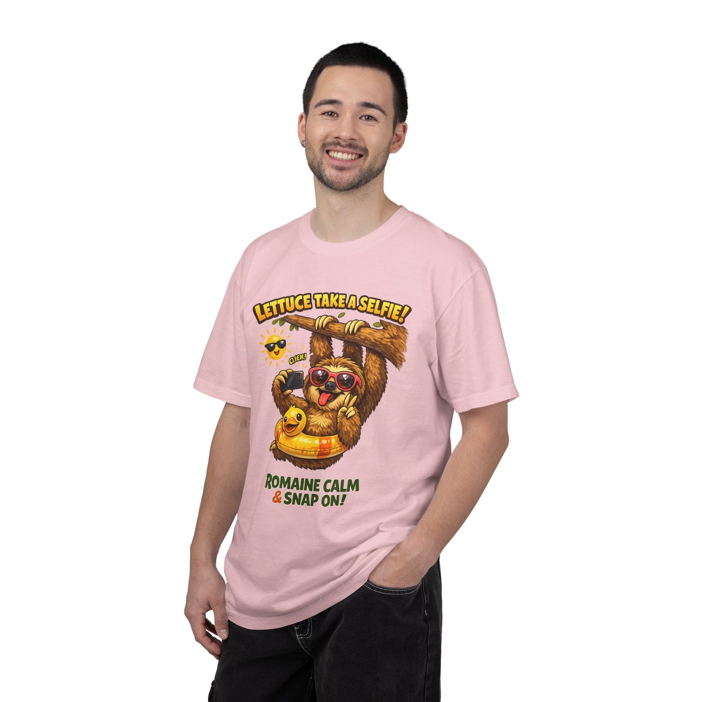 Romaine Calm & Snap On T-Shirt — 'Lettuce Take a Selfie' Sloth Graphic Tee
